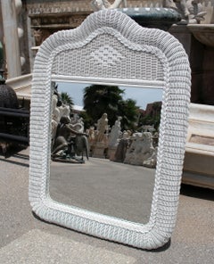 1970s Spanish White Woven Wicker Wall Mirror