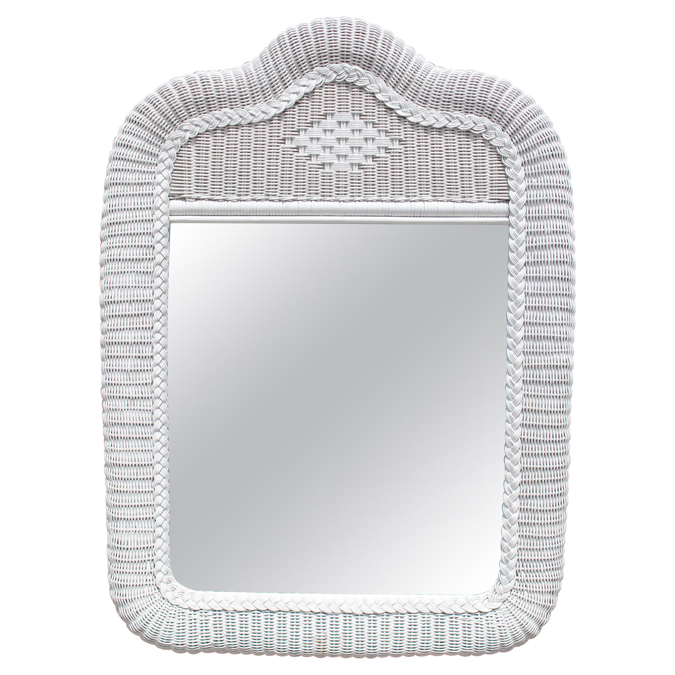 1970s Spanish White Woven Wicker Wall Mirror For Sale