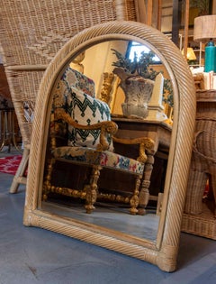 1970s  Spanish Wicker and Bamboo Mirror with Arched Top