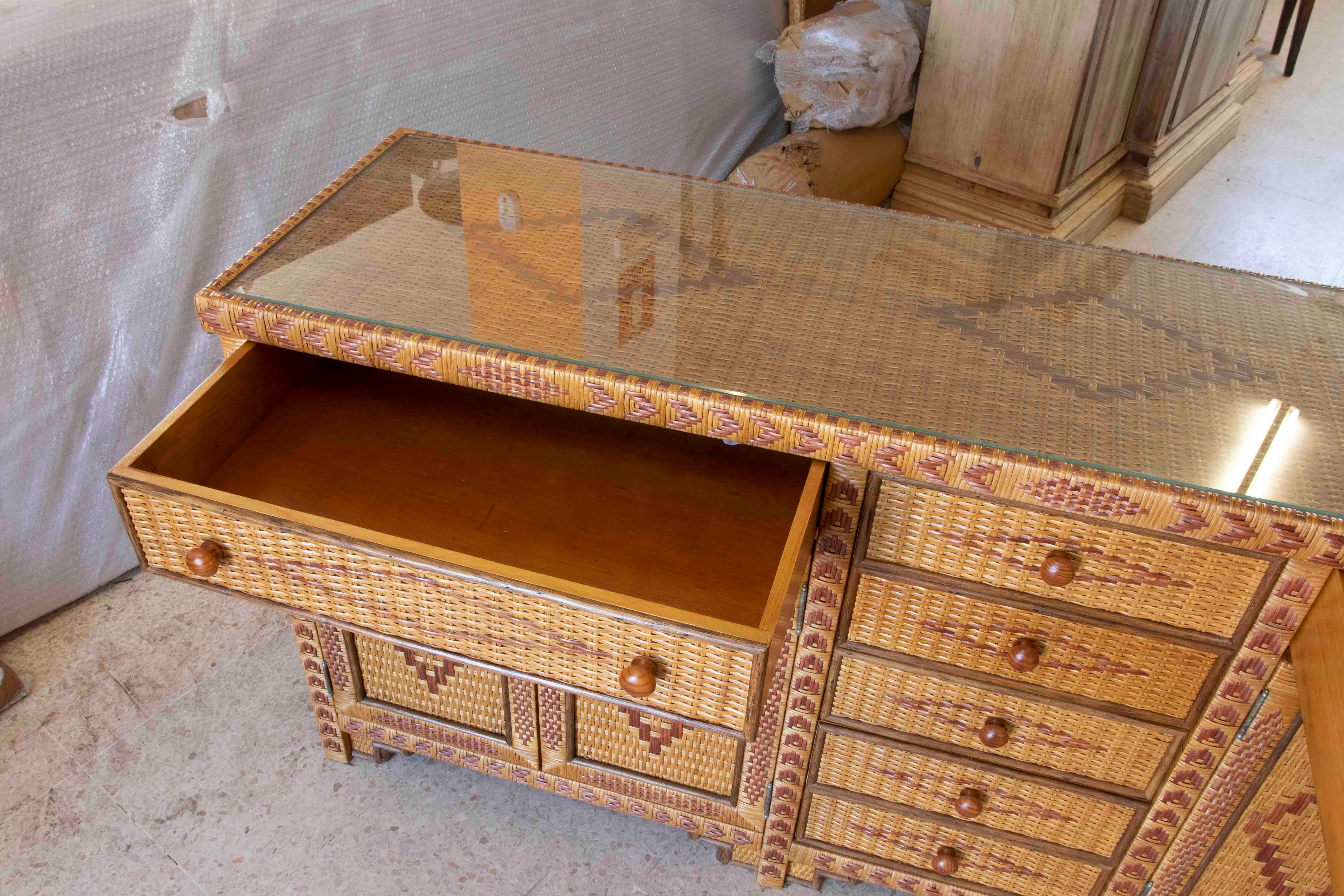 1970s Spanish Wicker and Wood Sideboard with Doors and Drawers  For Sale 1