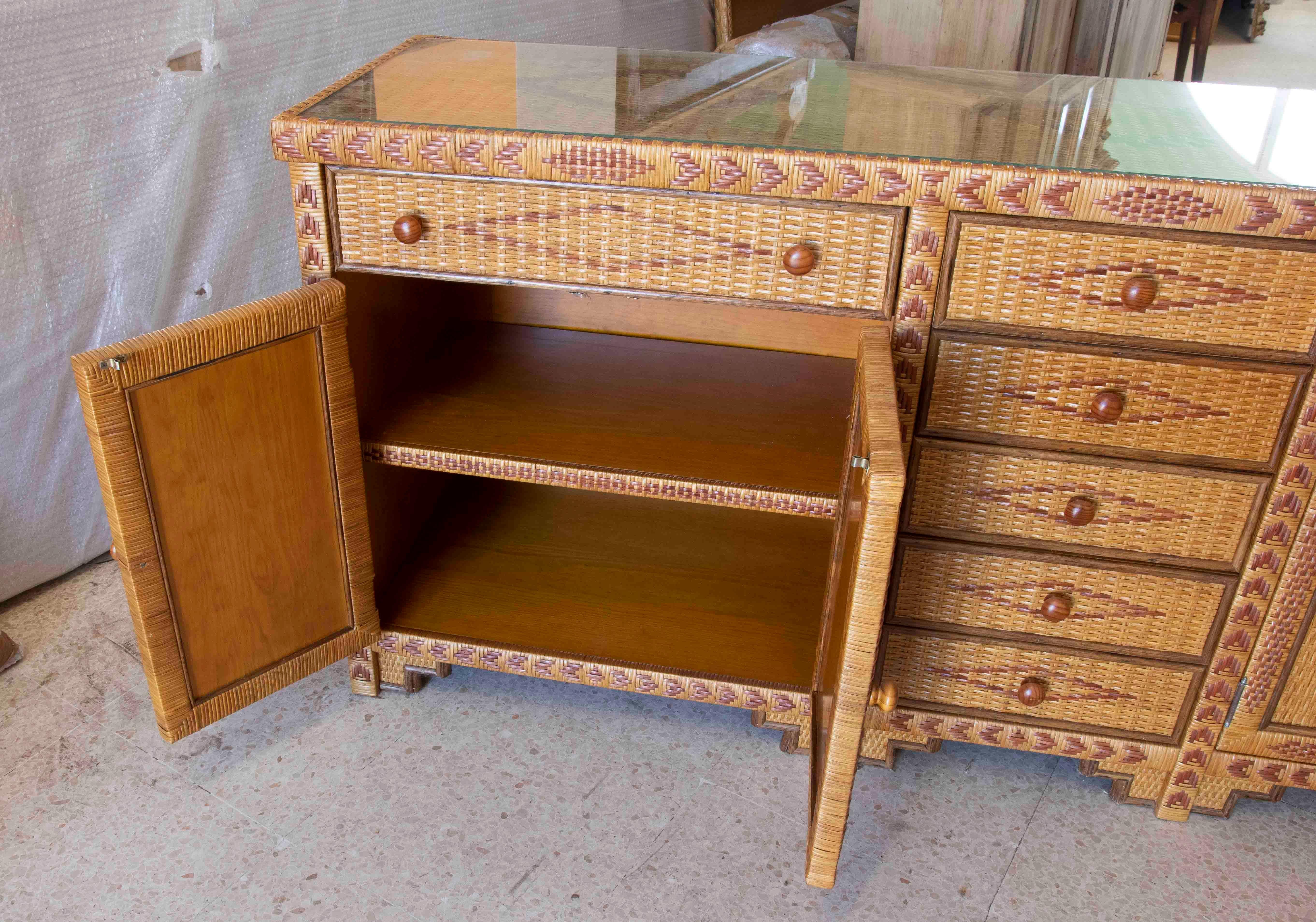 1970s Spanish Wicker and Wood Sideboard with Doors and Drawers  For Sale 2