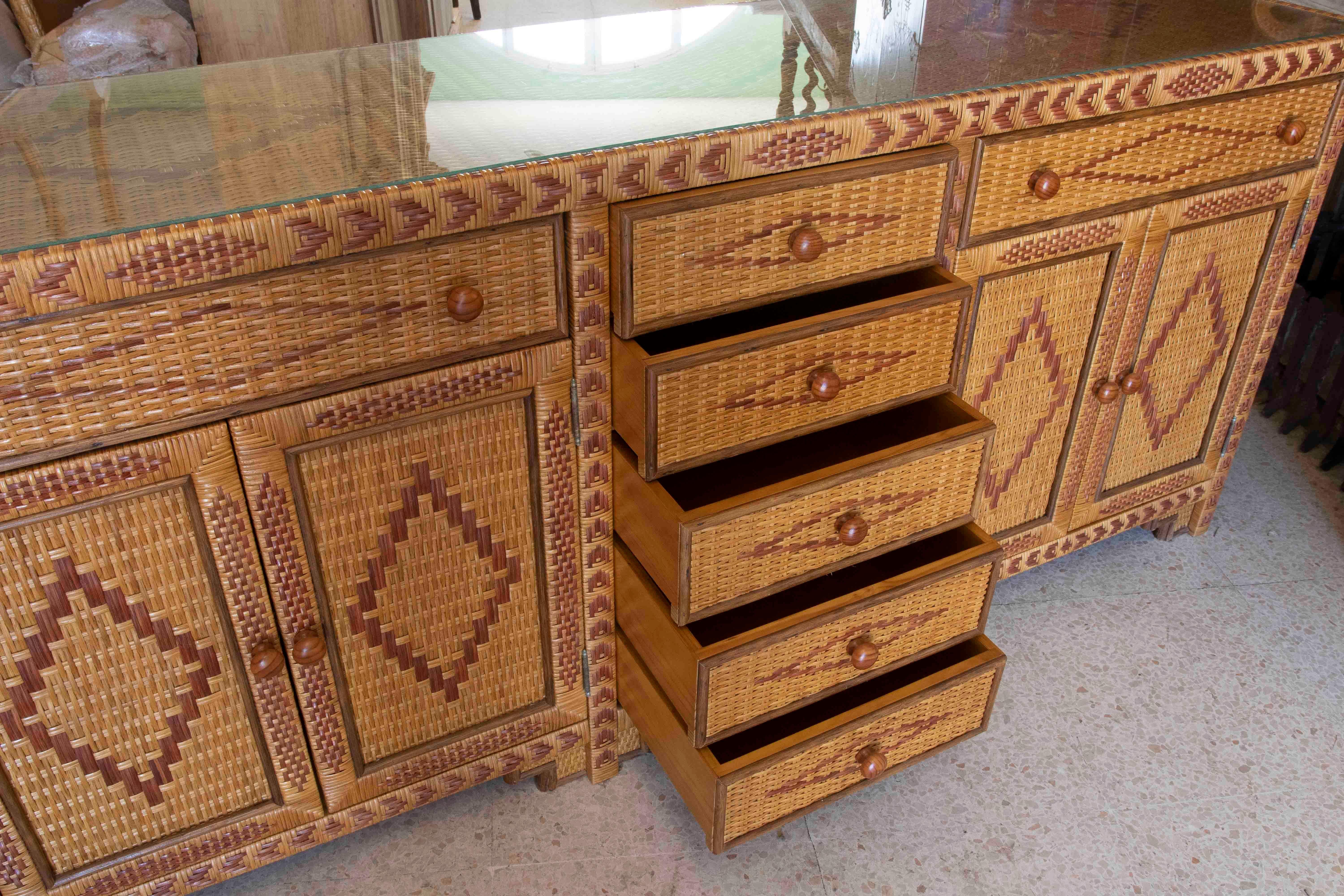 1970s Spanish Wicker and Wood Sideboard with Doors and Drawers  For Sale 3