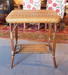 1970s Spanish Wicker and Wooden Side Table in Brown and Green Tones