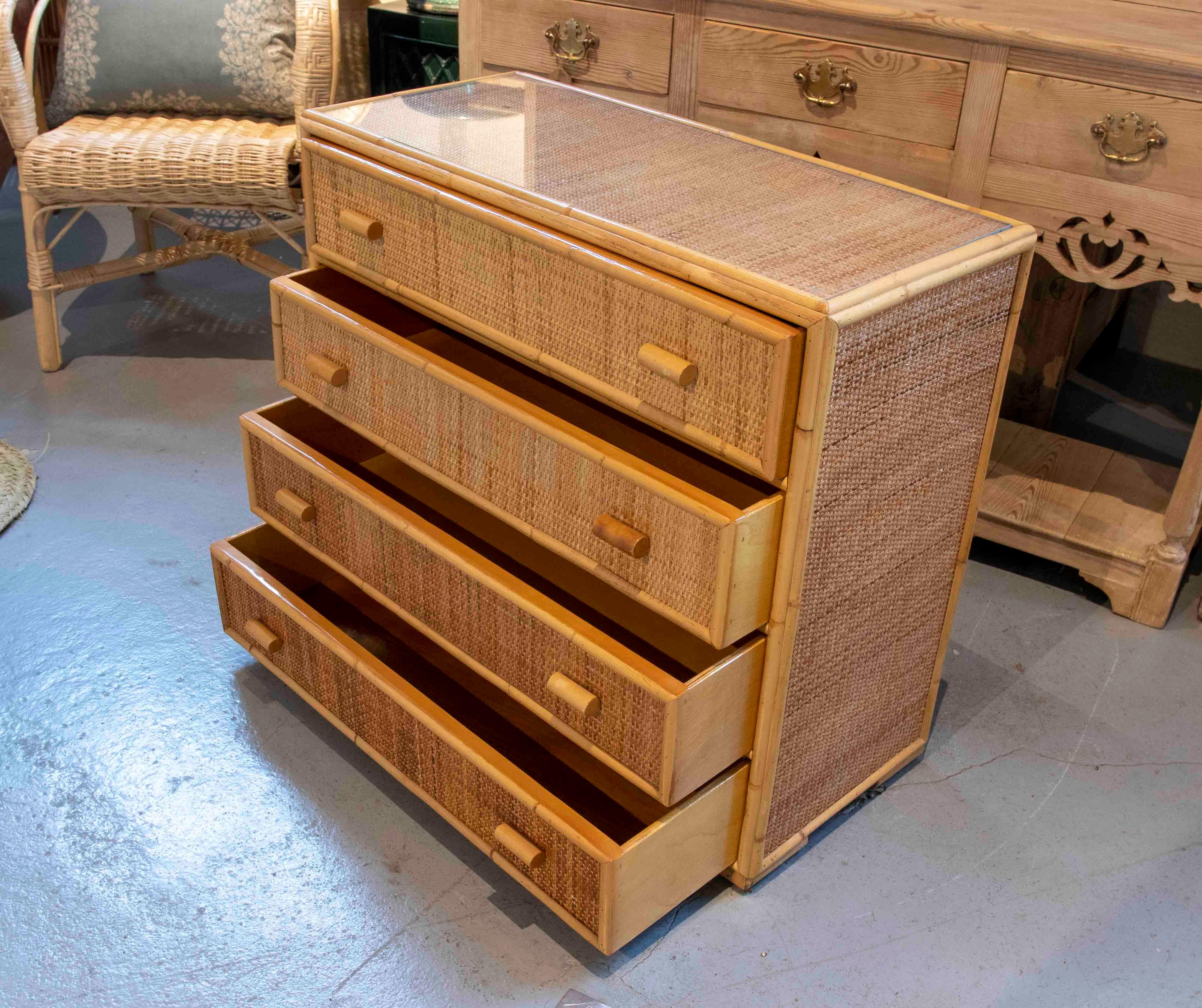 Bamboo 1970s Spanish Wicker Chest of Drawers with Three Drawers and Glass Top