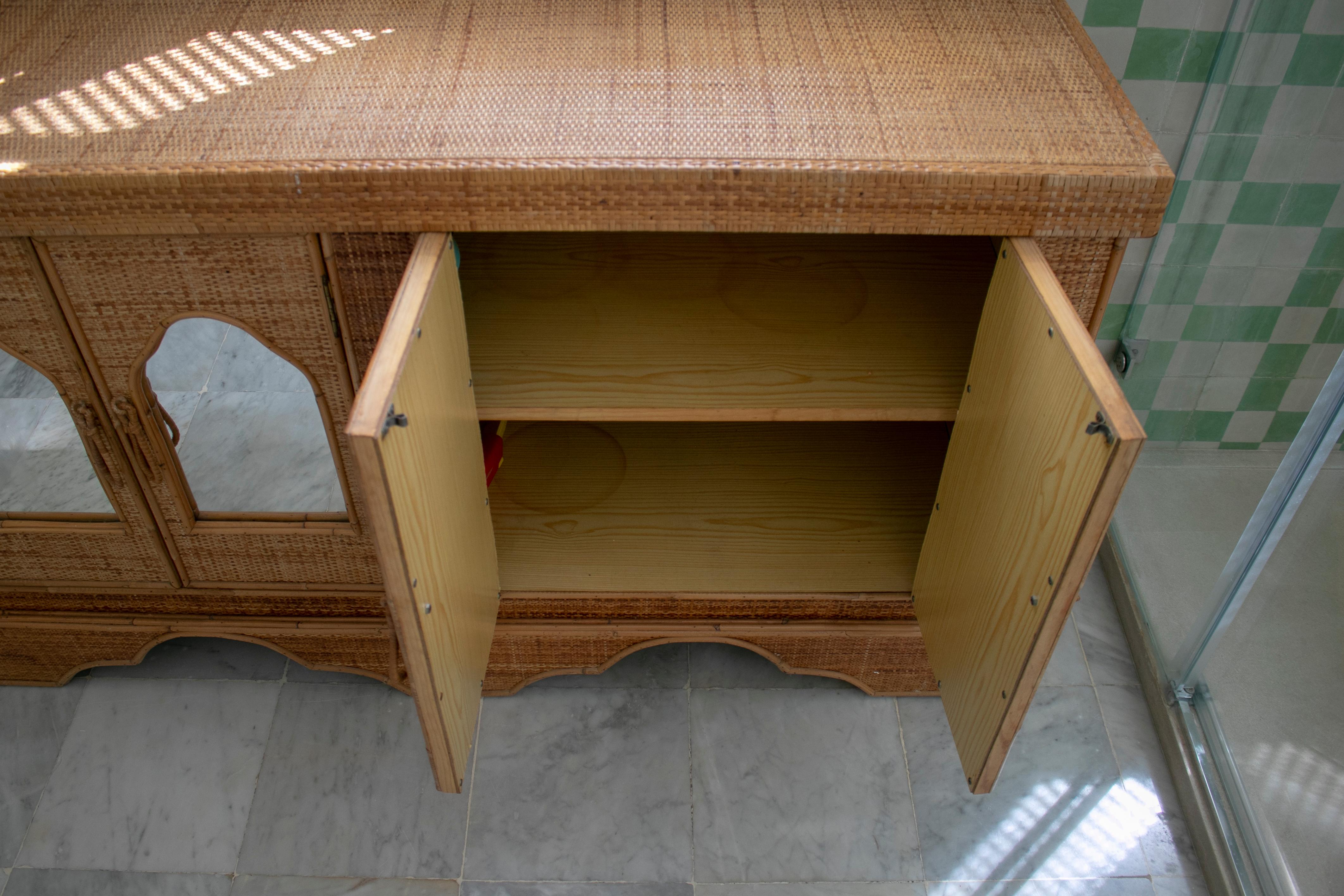 20th Century 1970s Spanish Wicker Four-Door Sideboard with Drawers