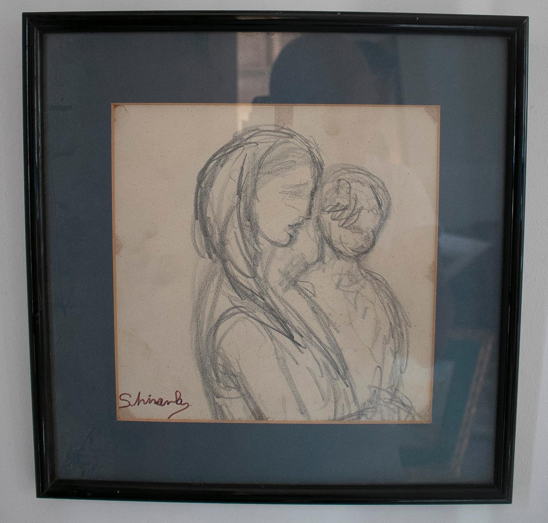 1970s Spanish woman with child pencil drawing portrait, framed and signed 

Frame measurements: 34x34x2cm.
 