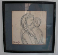 Disegno a matita di una donna spagnola con bambino degli anni '70, incorniciato e firmato