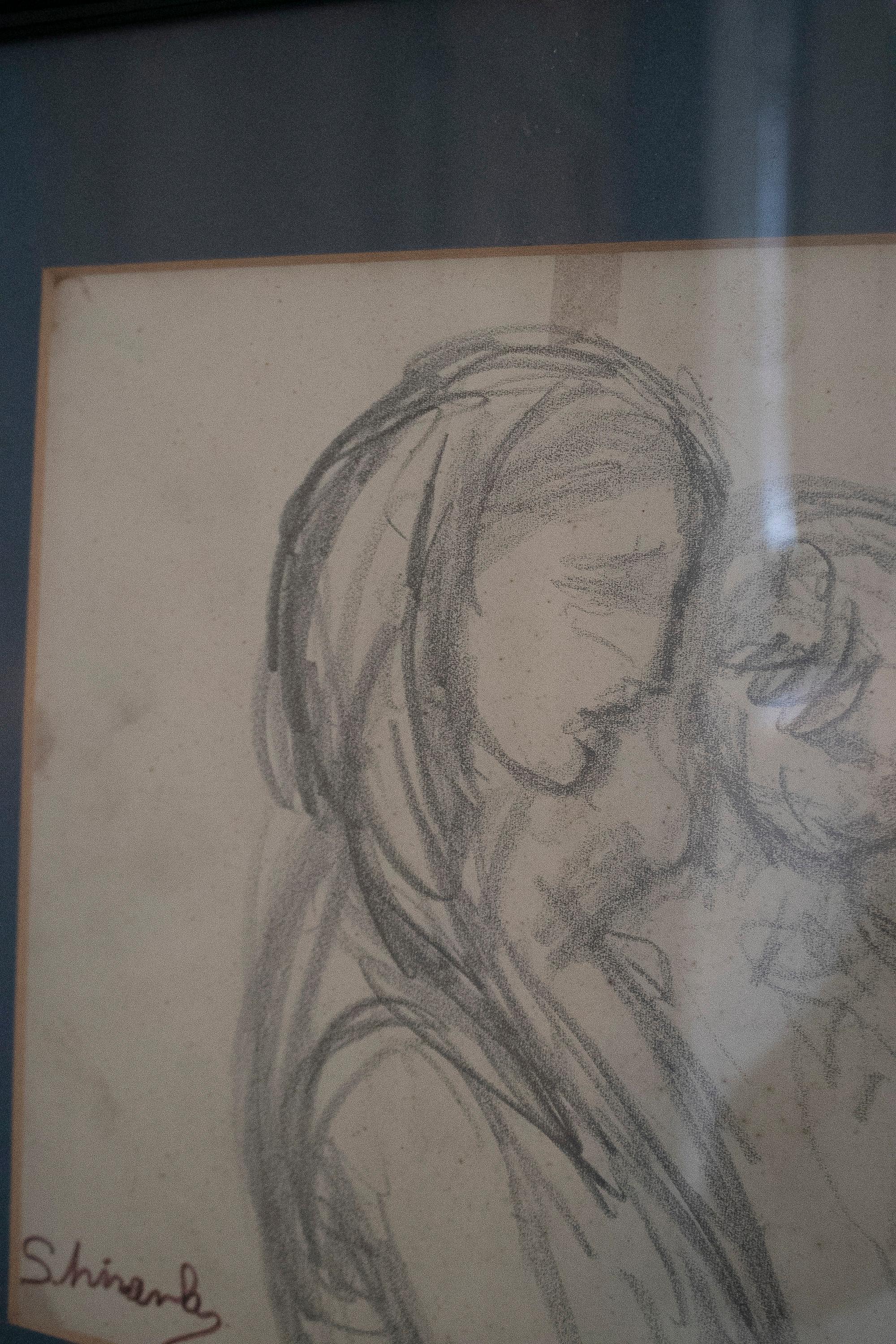 Hand-Painted 1970s Spanish Woman w/ Child Pencil Drawing Portrait Framed & Signed  For Sale