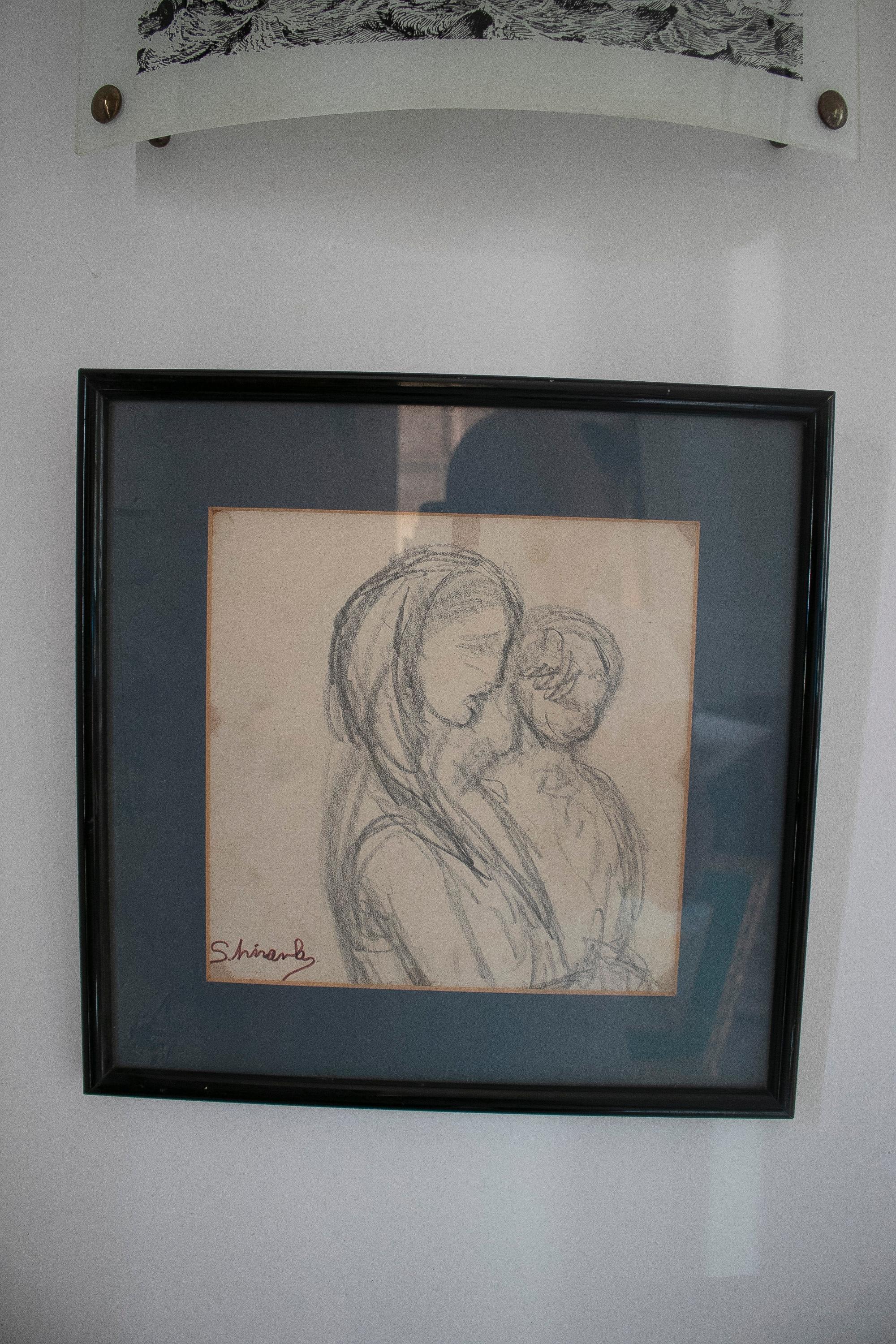 1970s Spanish Woman w/ Child Pencil Drawing Portrait Framed & Signed  For Sale 1