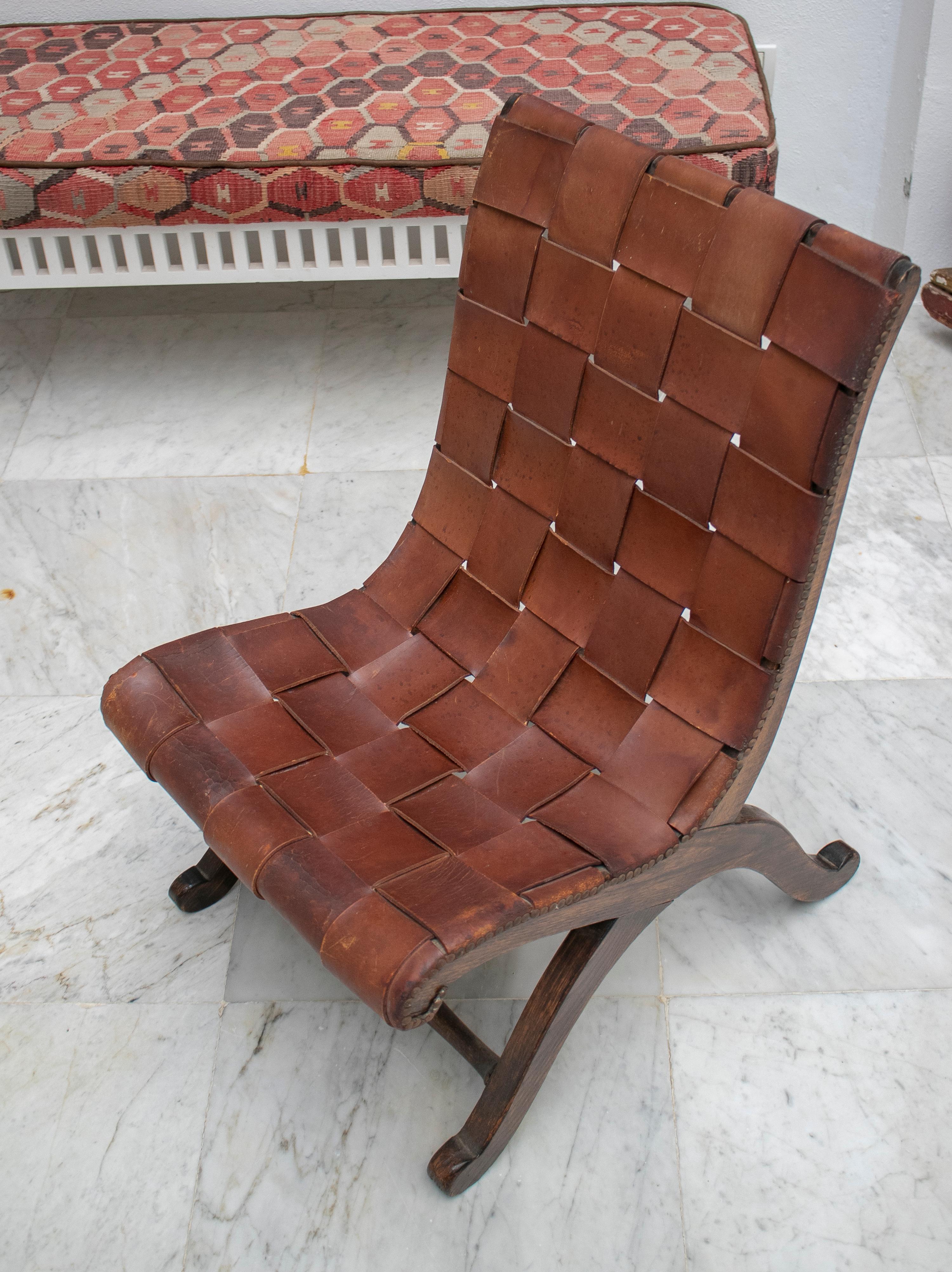 1970s Spanish Wood and Laced Leather Chair 6