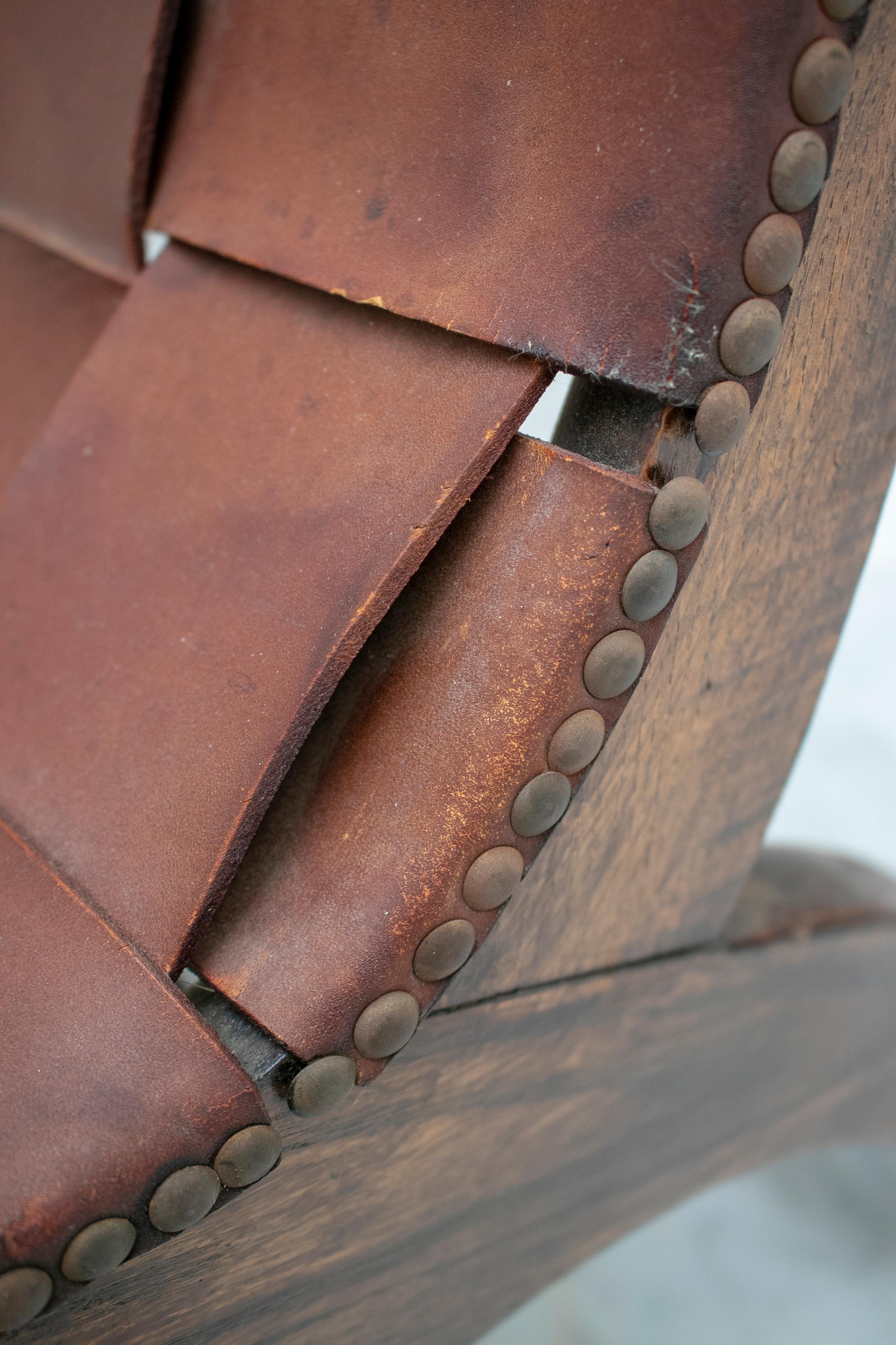 1970s Spanish Wood and Laced Leather Chair 8