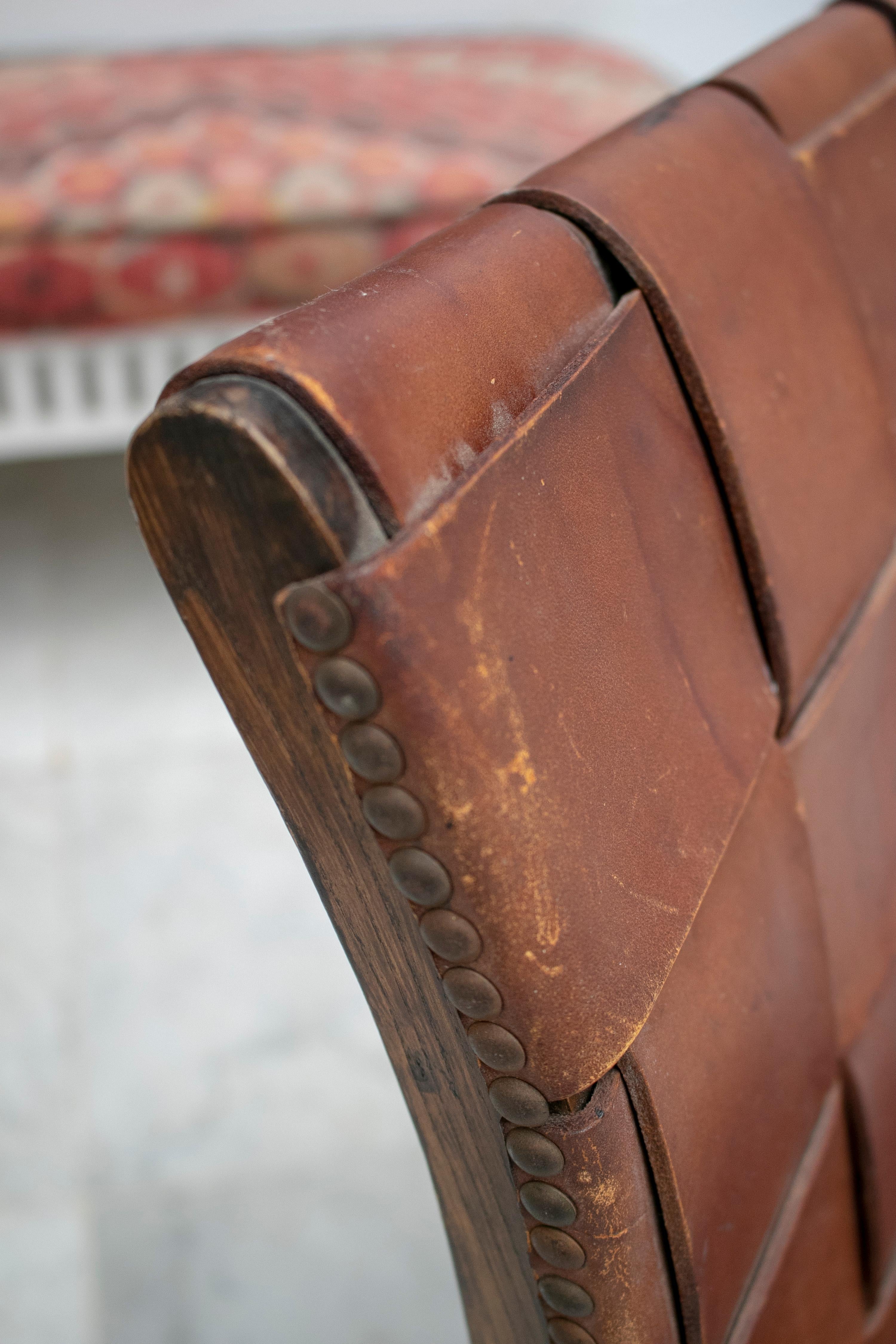 1970s Spanish Wood and Laced Leather Chair 10