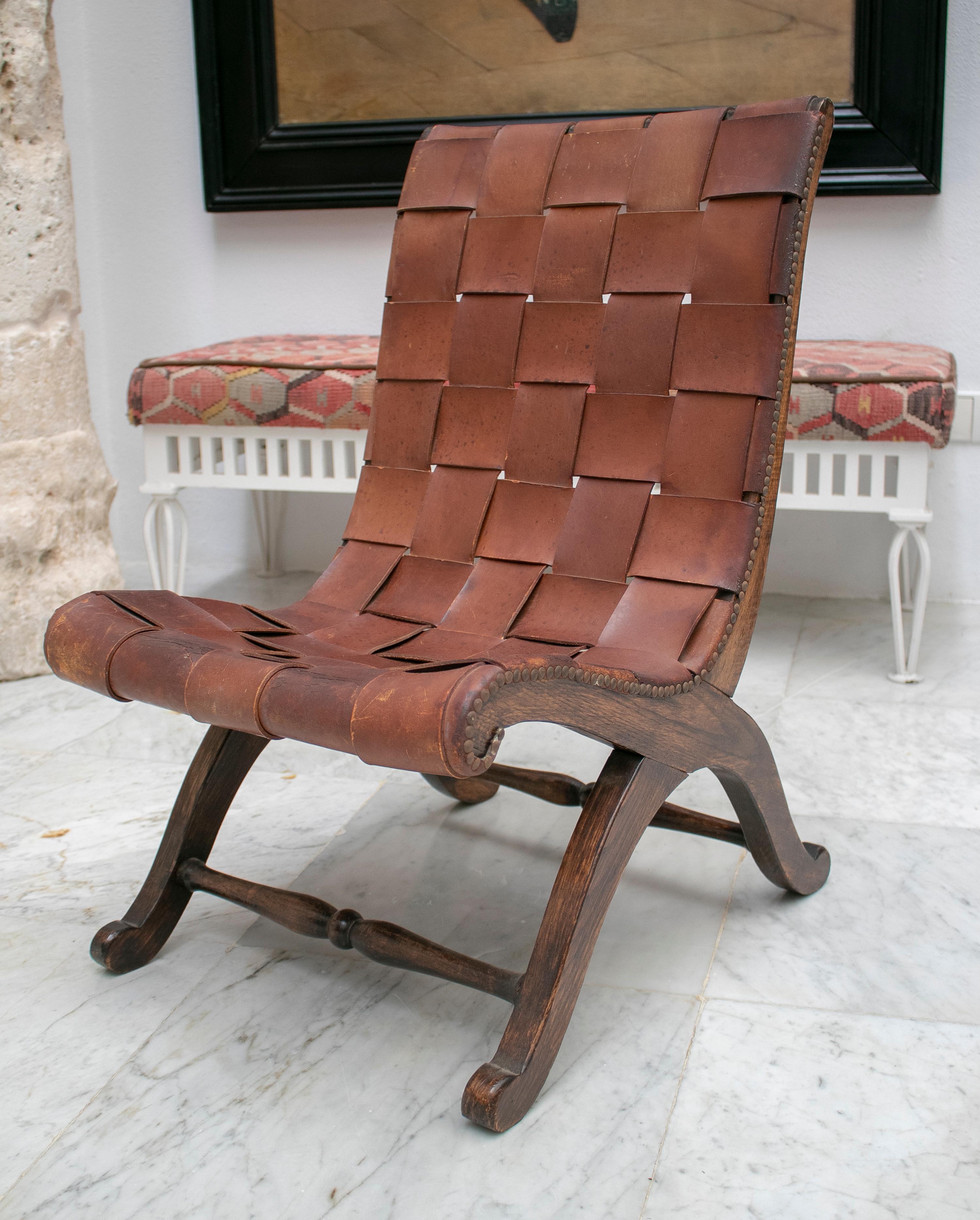 1970s Spanish Wood and Laced Leather Chair In Good Condition In Marbella, ES