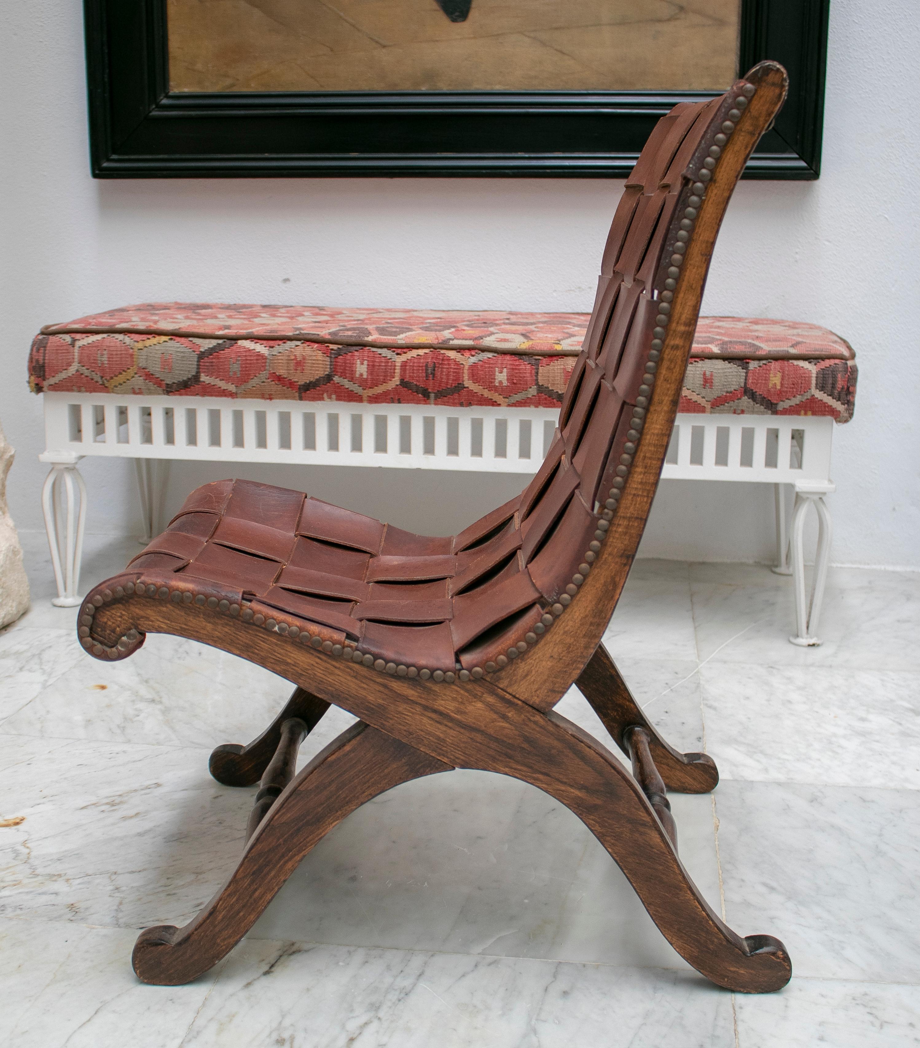 20th Century 1970s Spanish Wood and Laced Leather Chair