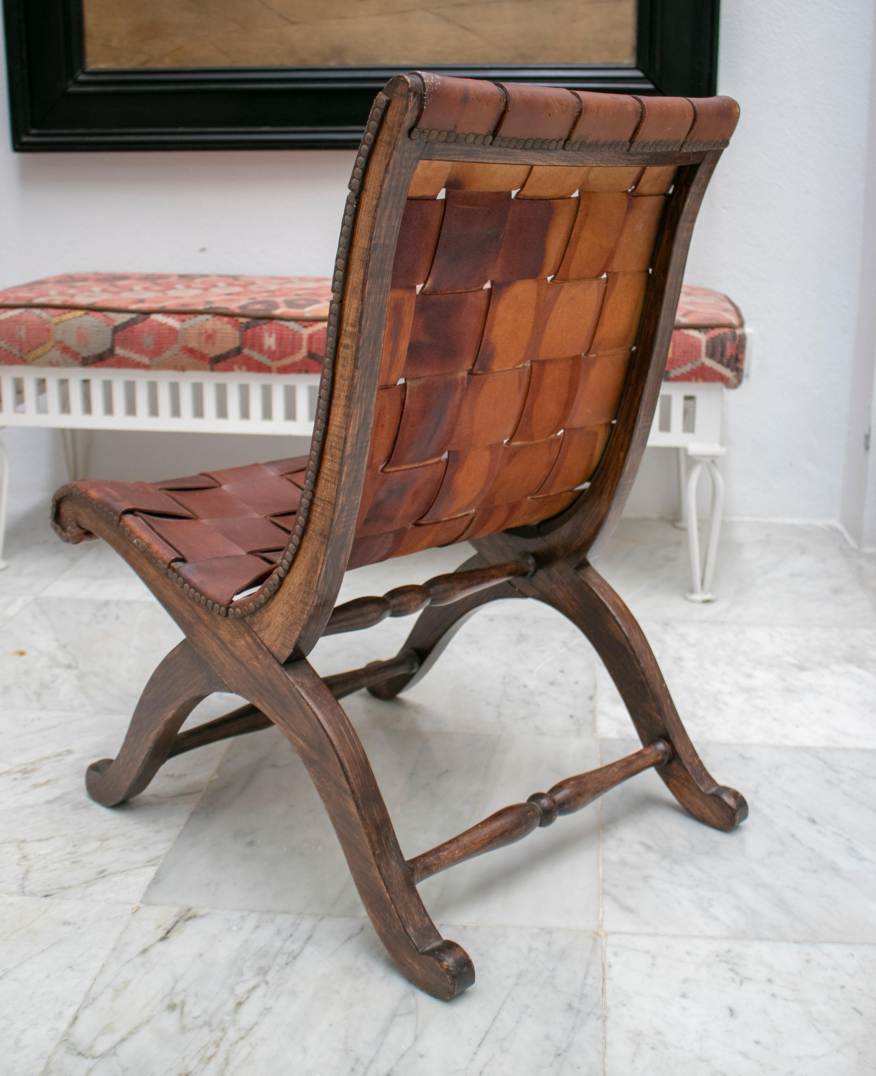 1970s Spanish Wood and Laced Leather Chair 1