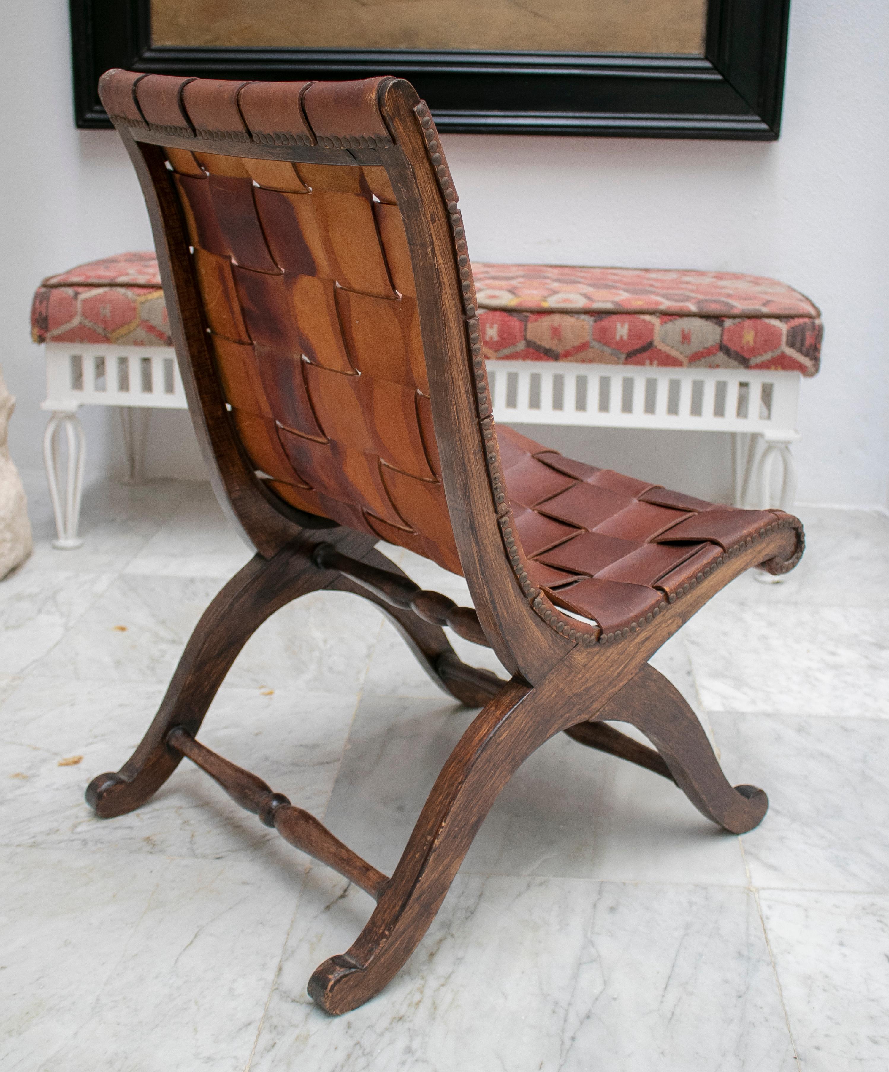 1970s Spanish Wood and Laced Leather Chair 3