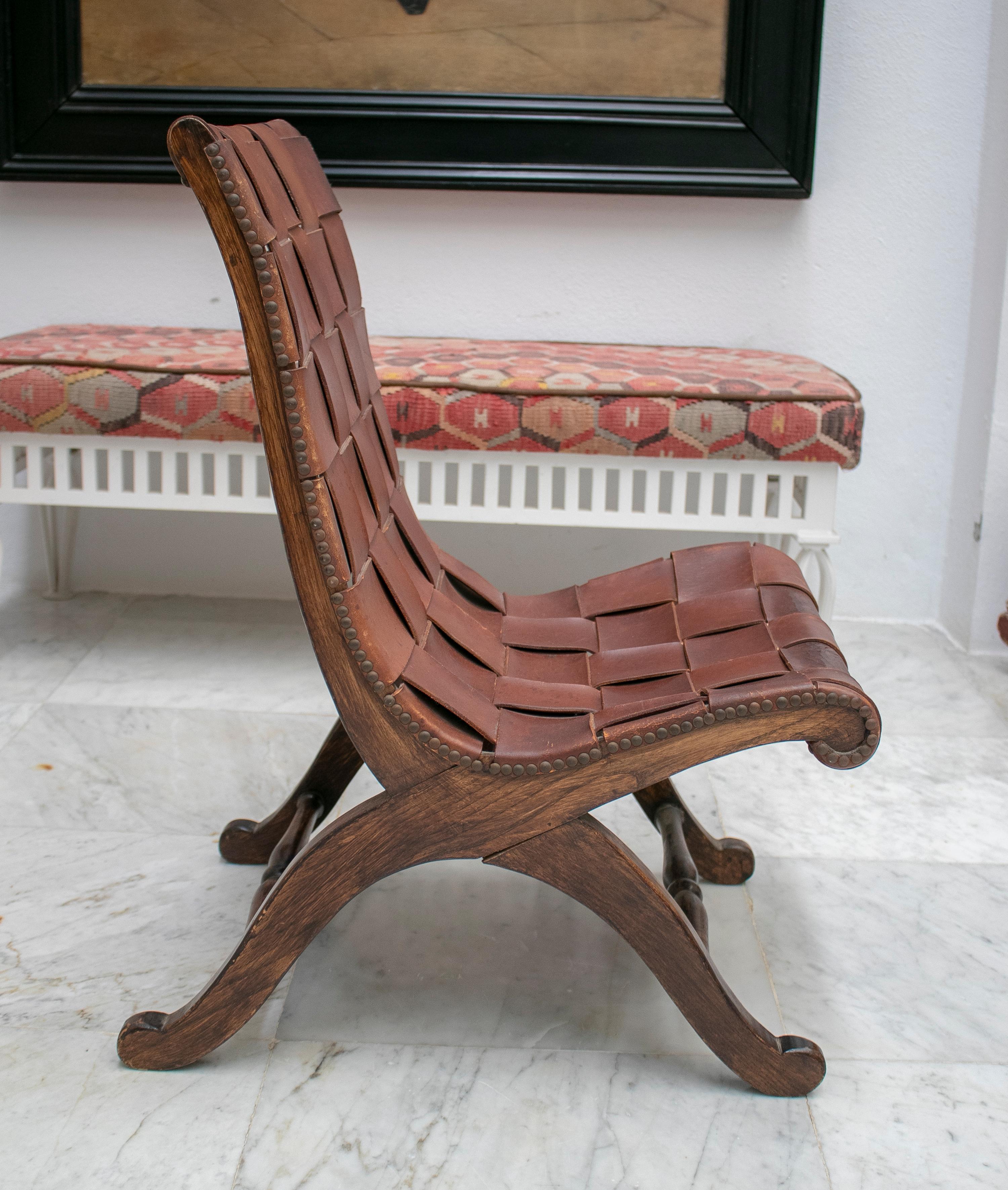 1970s Spanish Wood and Laced Leather Chair 4