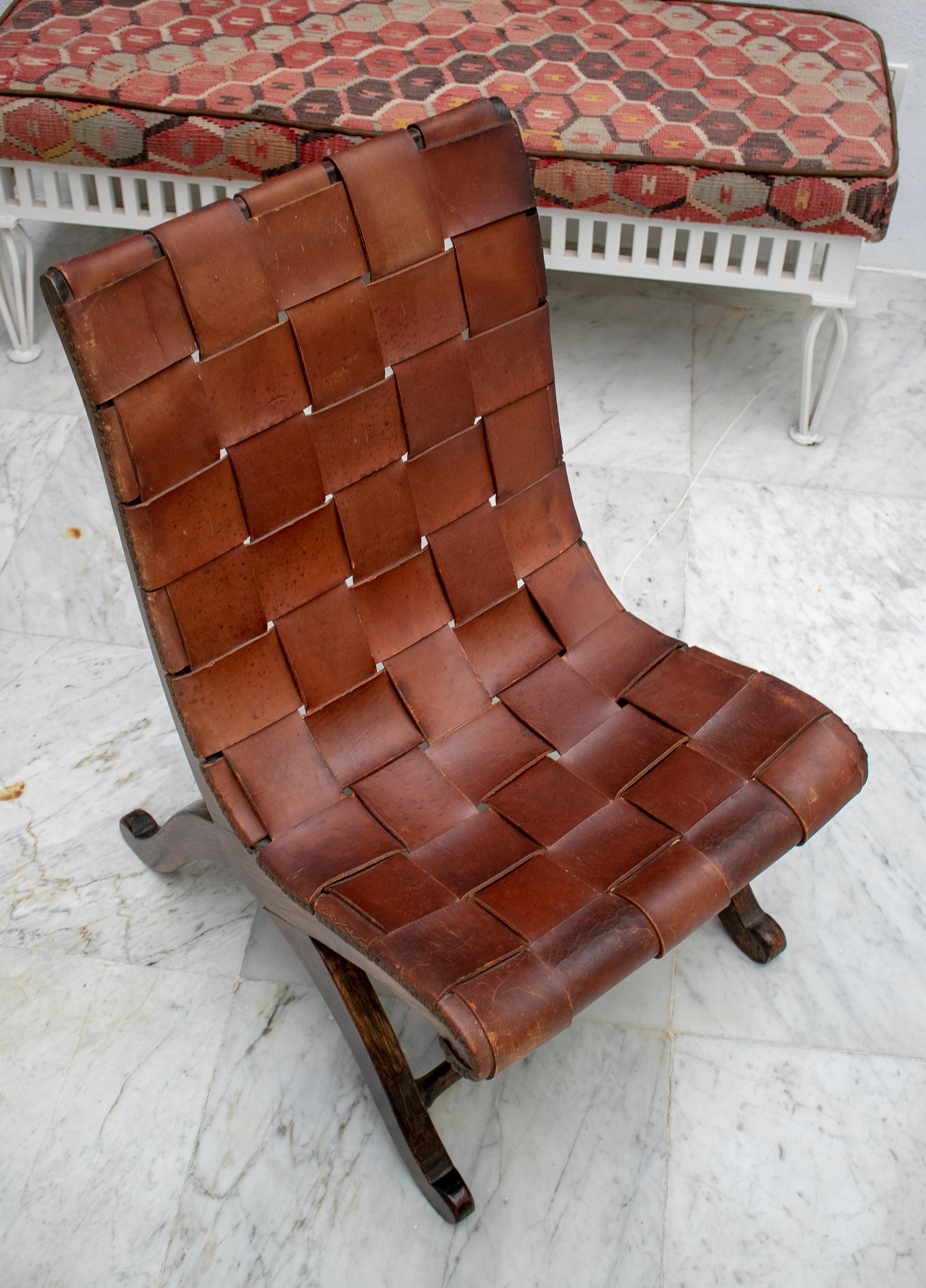 1970s Spanish Wood and Laced Leather Chair 5