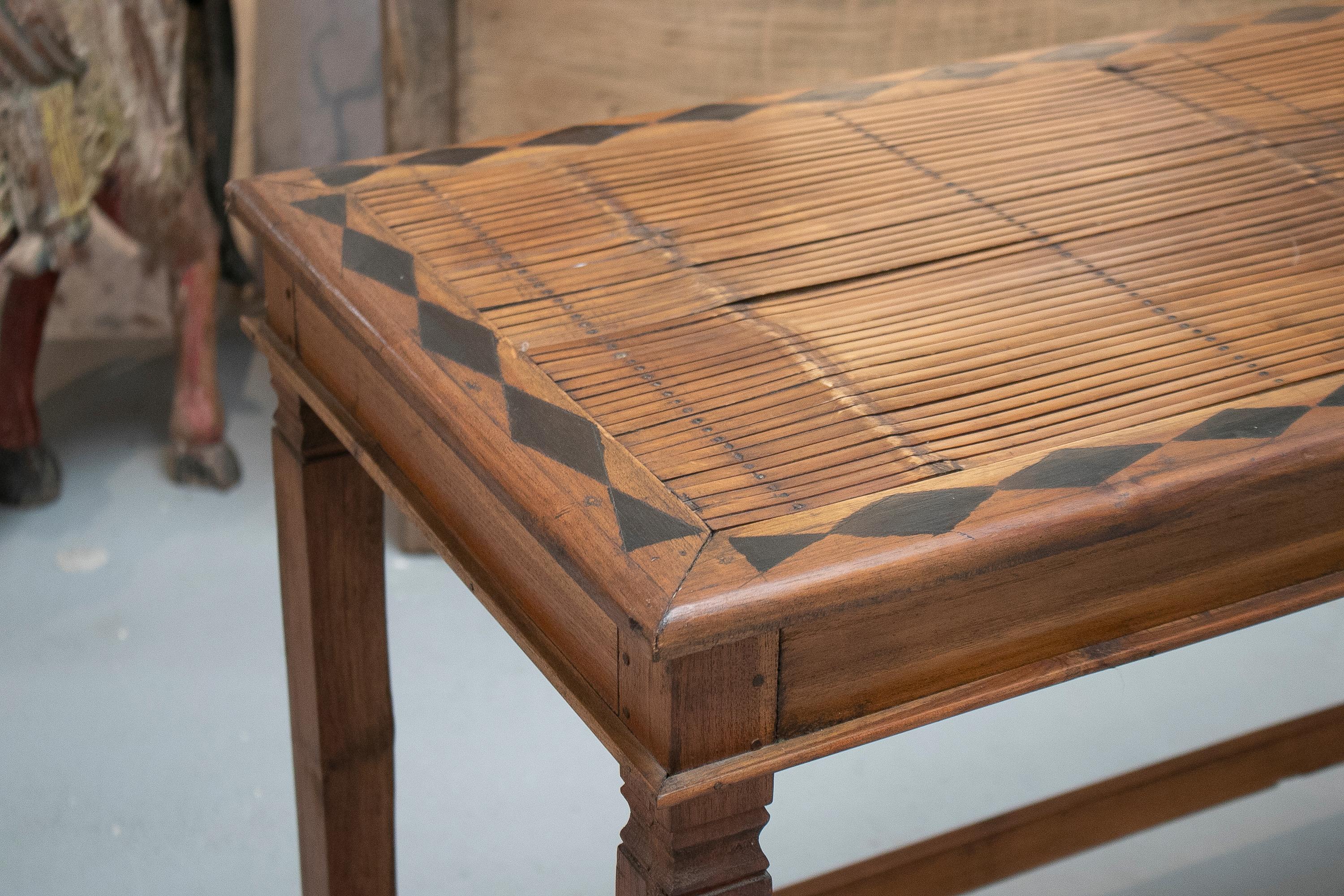 1970s Spanish Wood & Bamboo Console Table w/ Marquetry Inlay Ornamentation 1