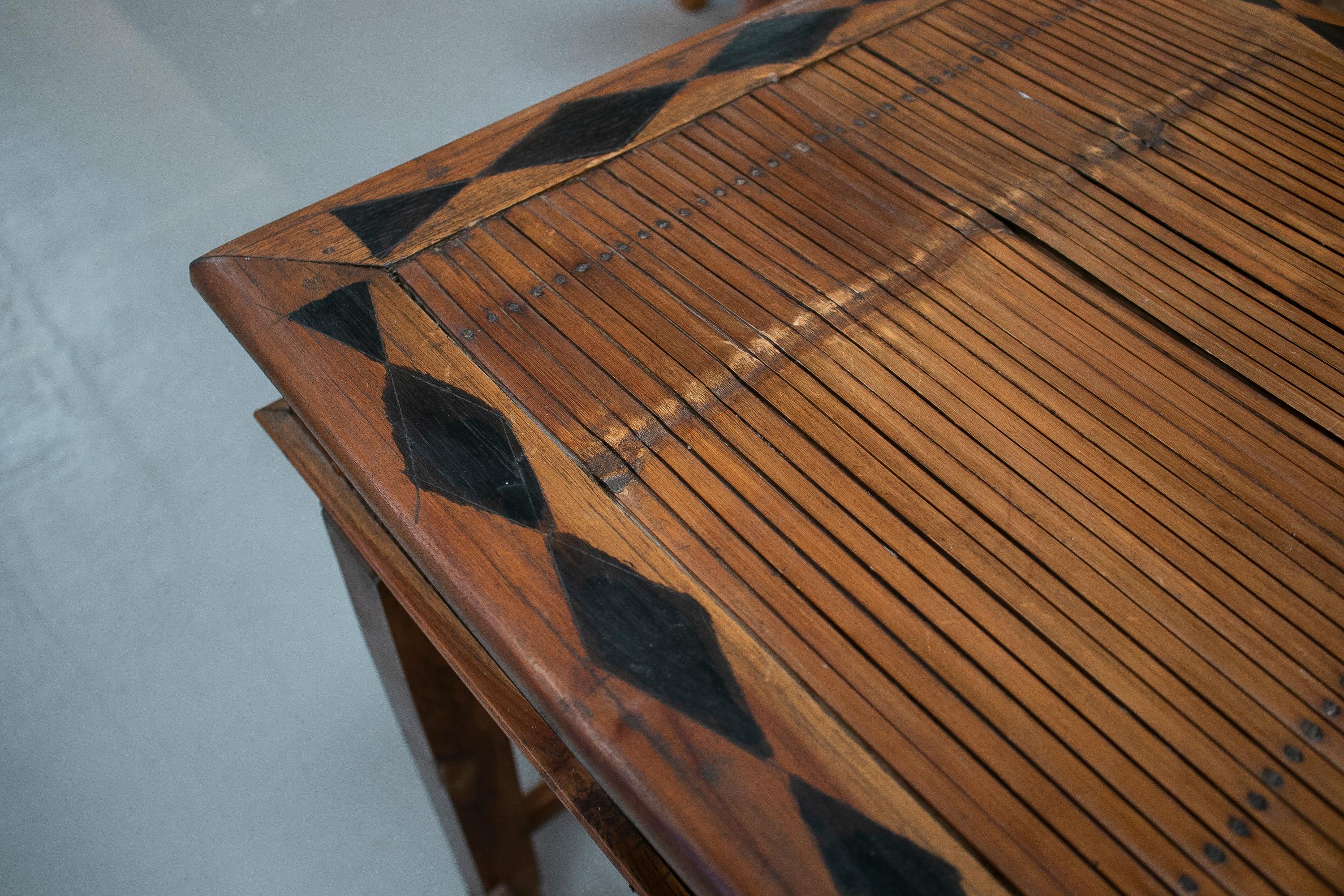 1970s Spanish Wood & Bamboo Console Table w/ Marquetry Inlay Ornamentation 4