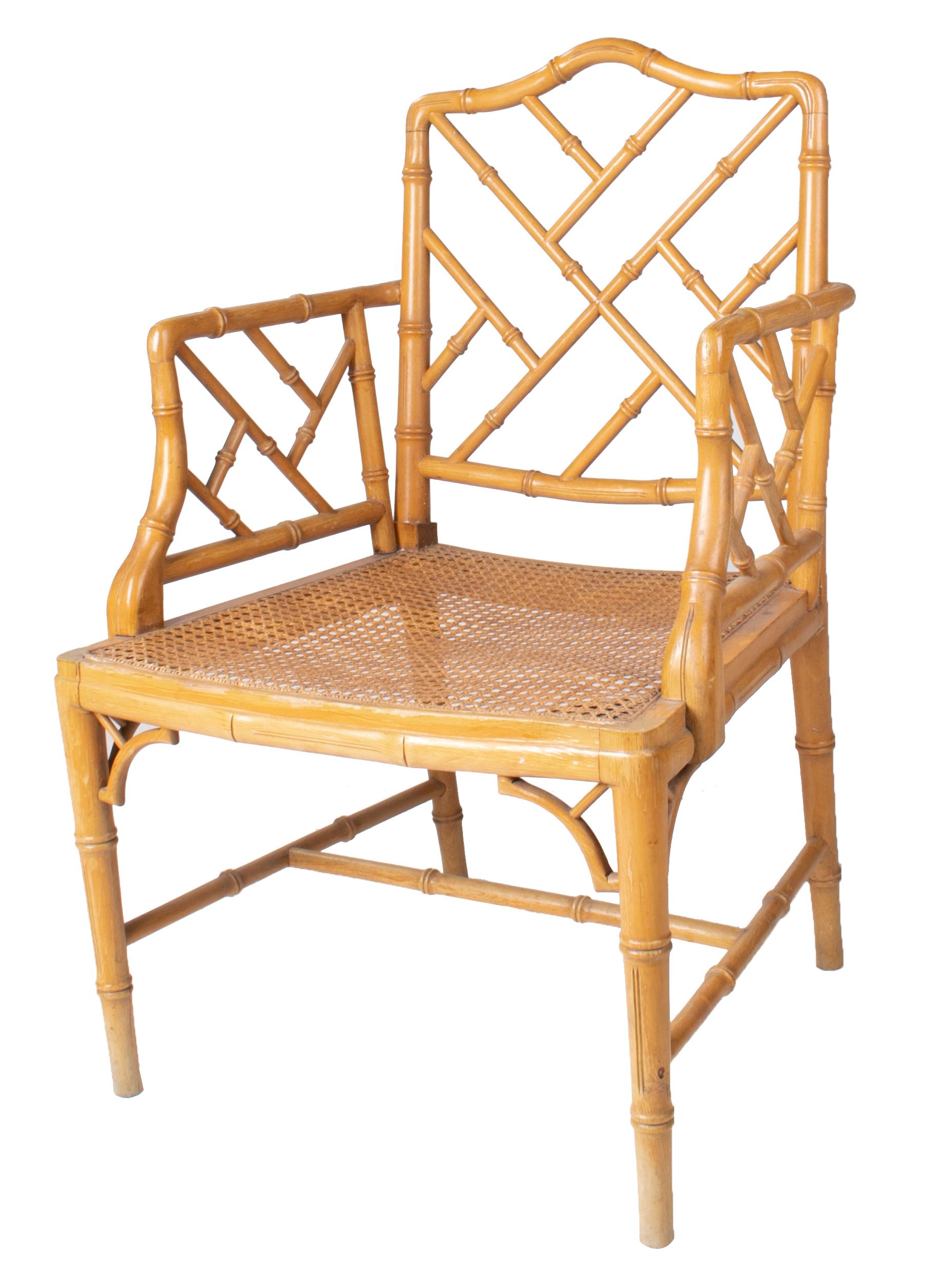1970s Spanish wooden armchair imitating bamboo with woven wicker seat.