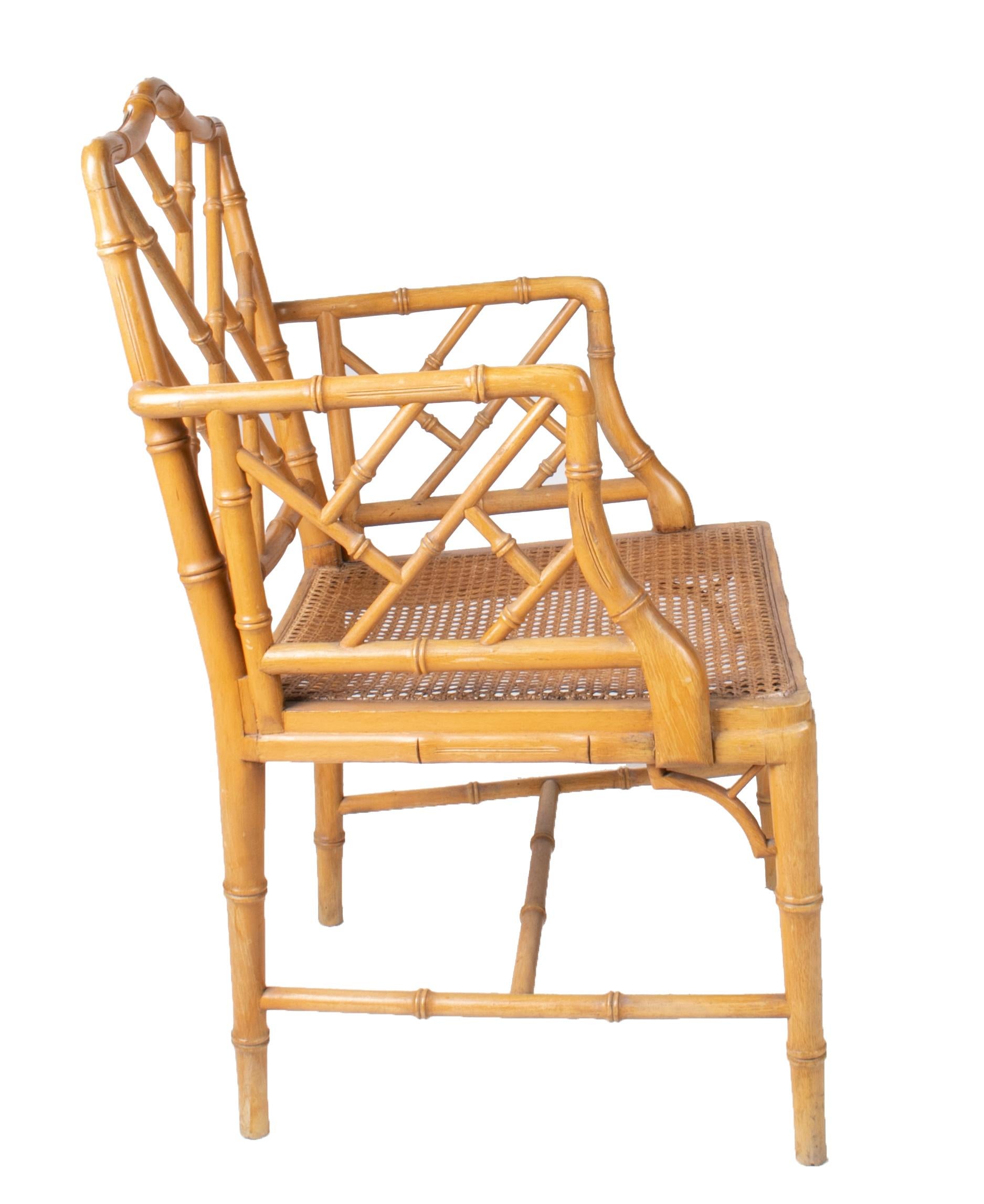 1970s Spanish Wooden Armchair Imitating Bamboo with Woven Wicker Seat In Good Condition In Marbella, ES