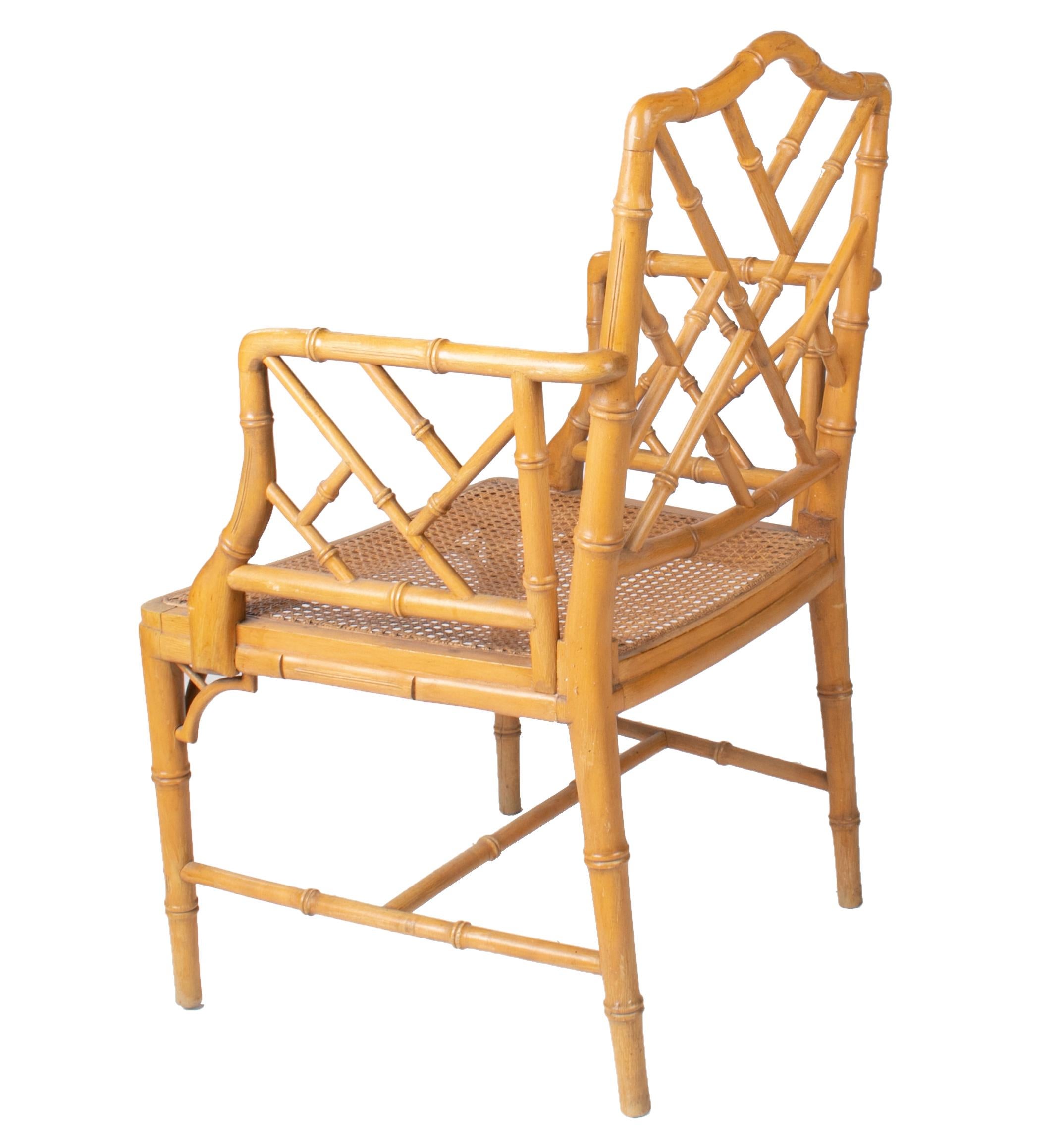 20th Century 1970s Spanish Wooden Armchair Imitating Bamboo with Woven Wicker Seat