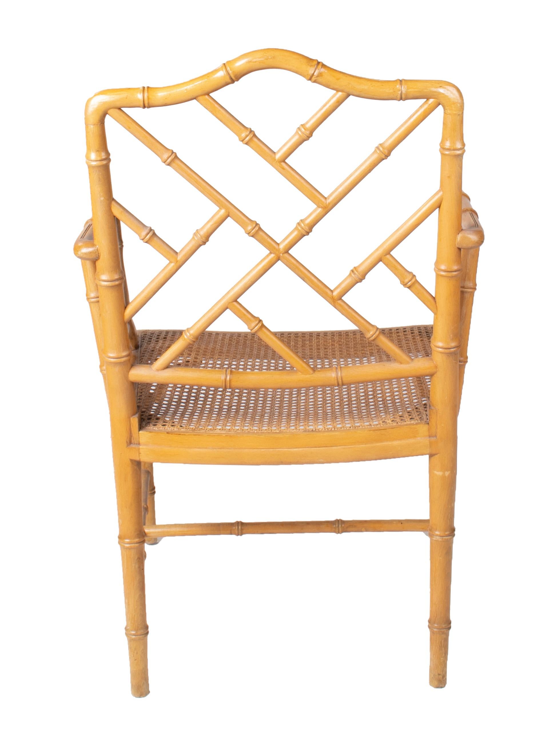 1970s Spanish Wooden Armchair Imitating Bamboo with Woven Wicker Seat 1