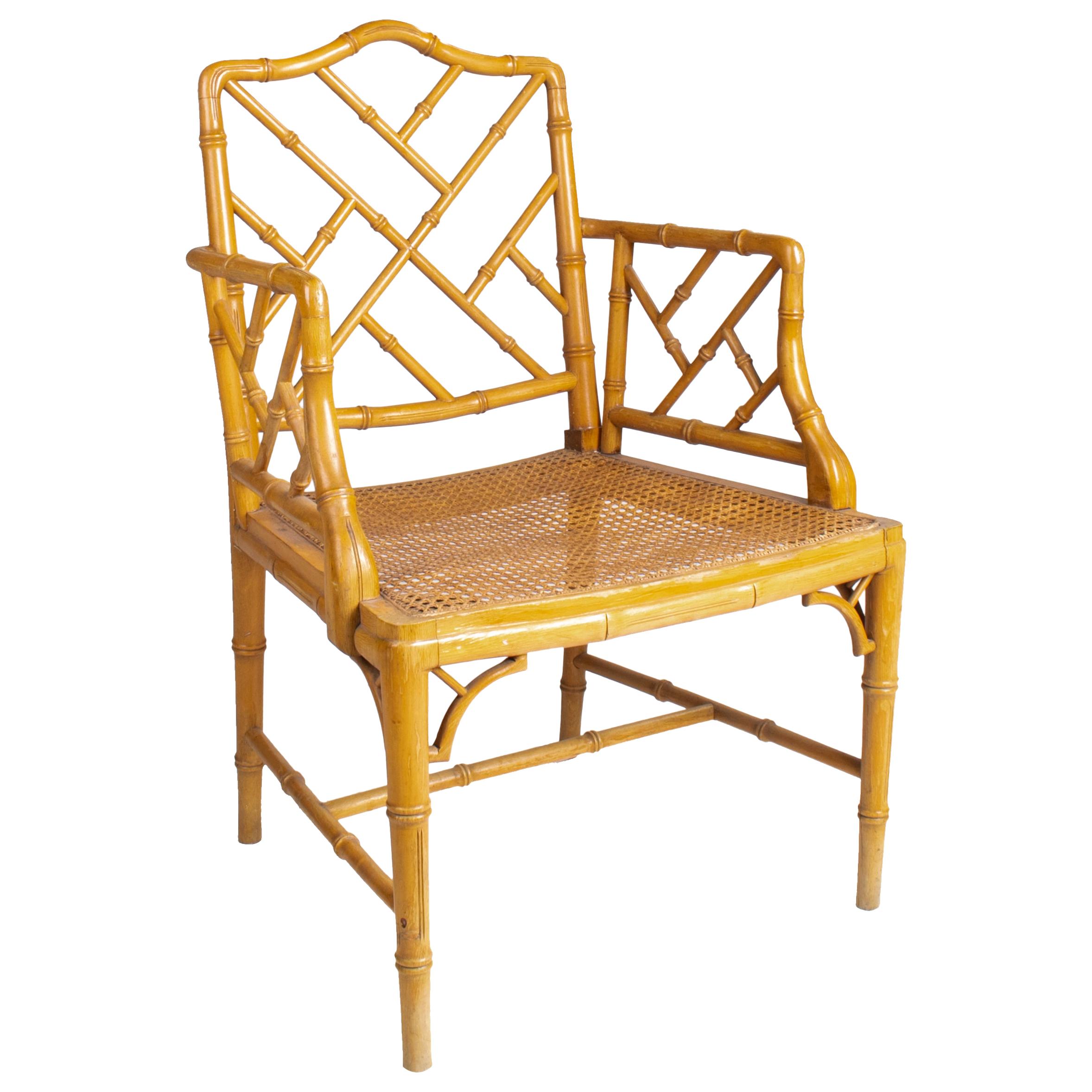 1970s Spanish Wooden Armchair Imitating Bamboo with Woven Wicker Seat