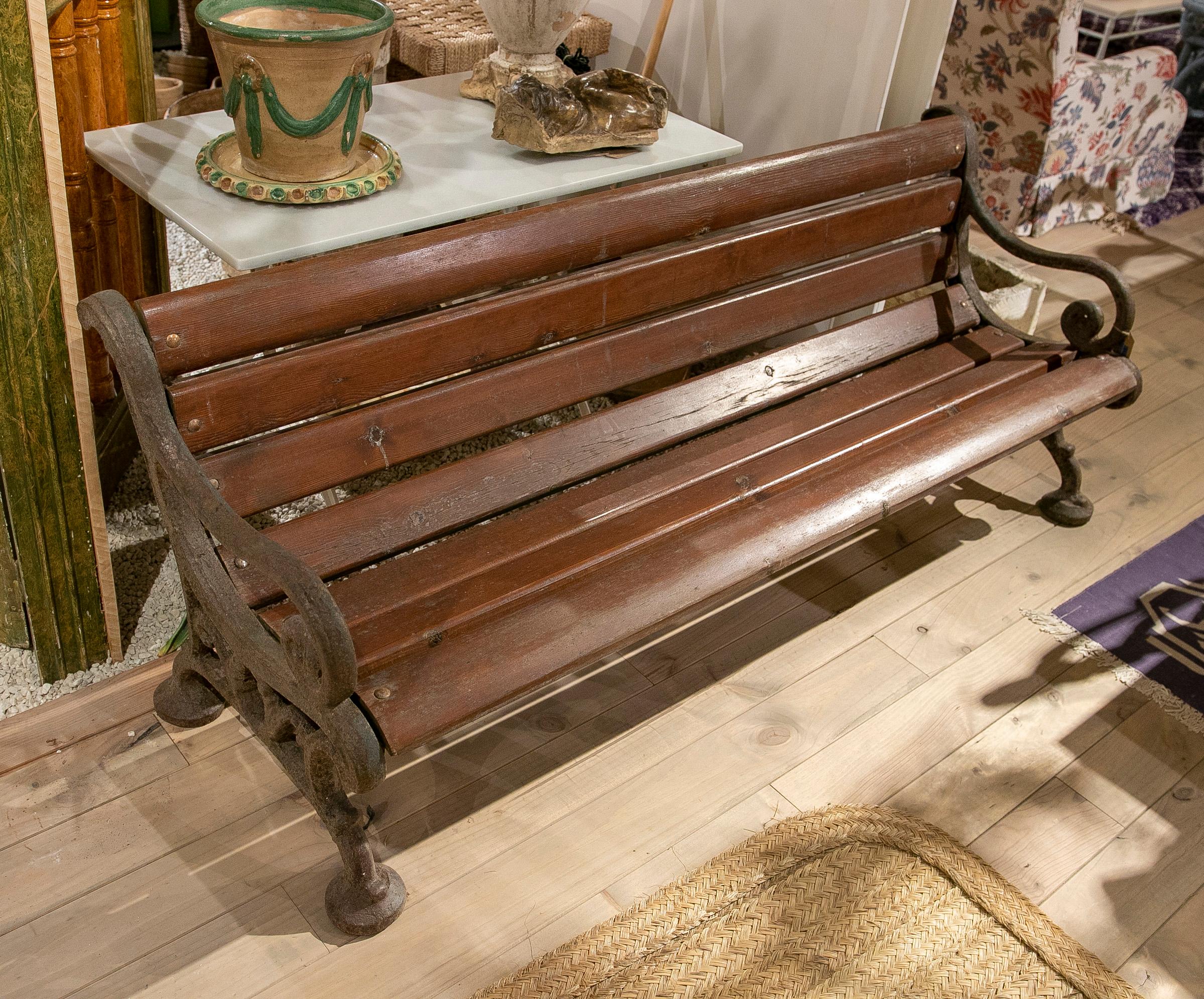 1970s Spanish Wooden Garden Bench with Iron Frame  7