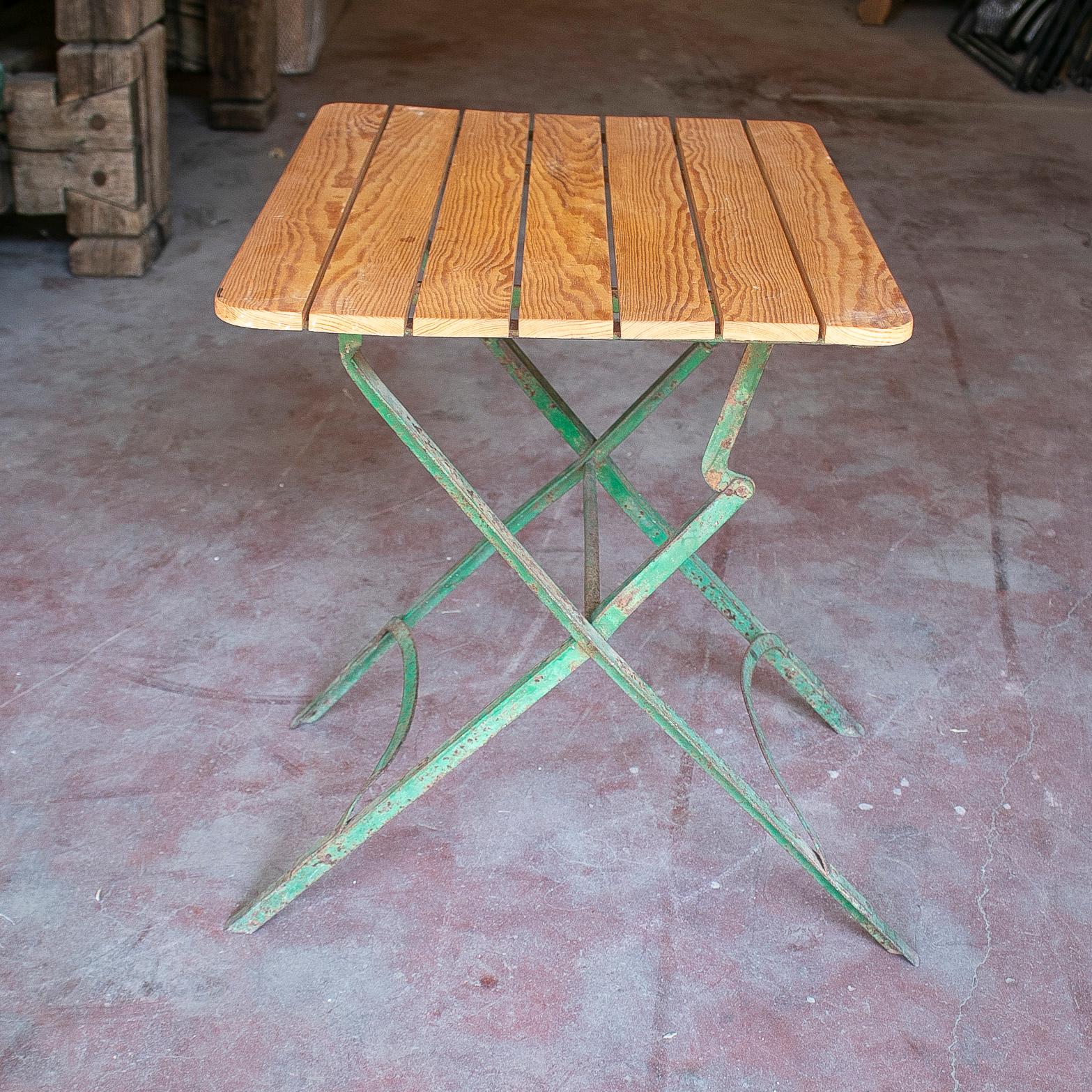 20th Century 1970s Spanish Wooden Garden Table w/ Iron Base For Sale