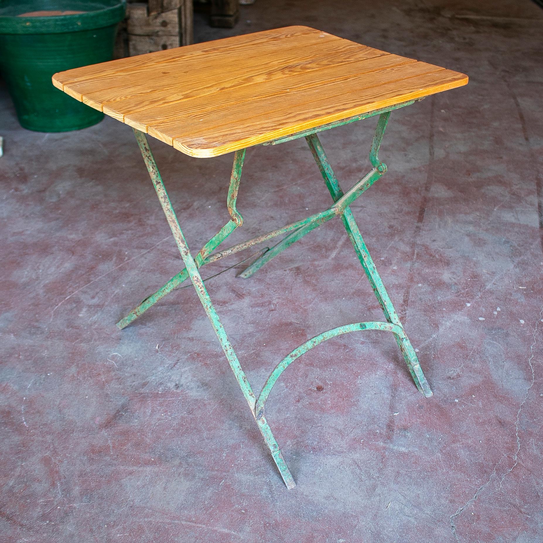 1970s Spanish Wooden Garden Table w/ Iron Base For Sale 1
