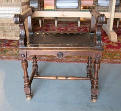 1970s Spanish Wooden Stool w/ Leather Seat, Armrests & Spindle Legs