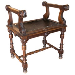 1970s Spanish Wooden Stool w/ Leather Seat, Armrests & Spindle Legs