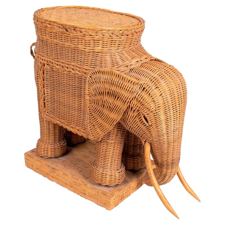 1970s Spanish Woven Wicker Elephant Pedestal Table Base For Sale at 1stDibs