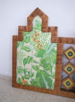 1970s Spanish Woven Wicker Fabric Upholstered Headboard w/ Tiles