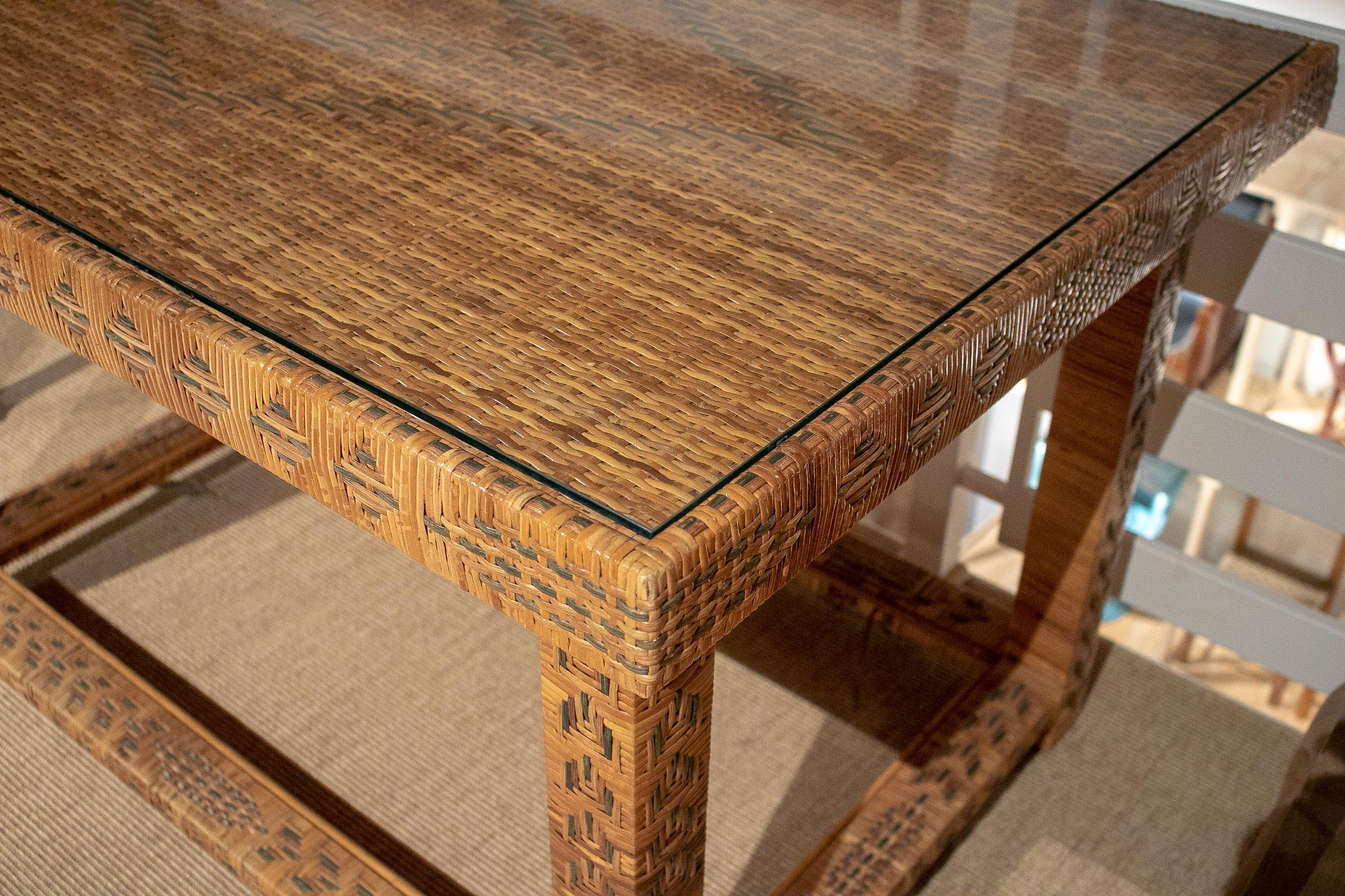 1970s Spanish Woven Wicker Table w/ Glass Top 7