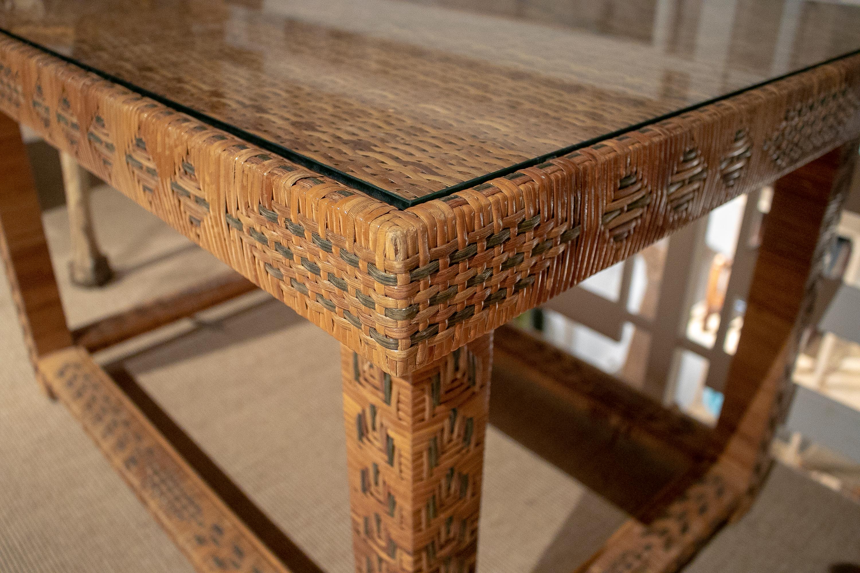 1970s Spanish Woven Wicker Table w/ Glass Top 1