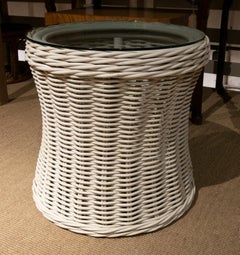1970s Spanish Woven Wicker White Pedestal Table w/ Glass Top