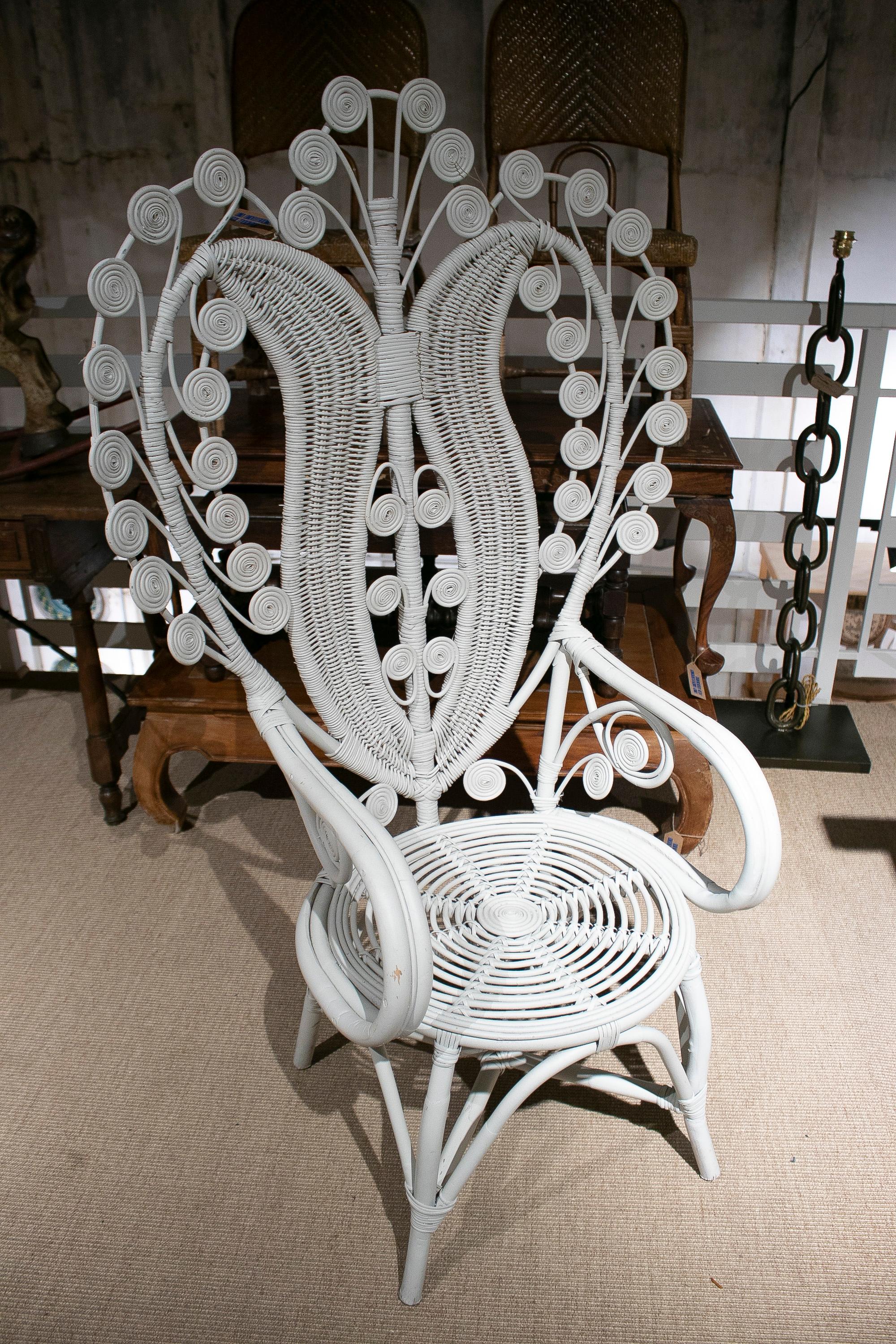 Vintage 1970s Spanish woven wicker white tall armchair.