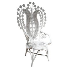 1970s Spanish Woven Wicker White Tall Armchair