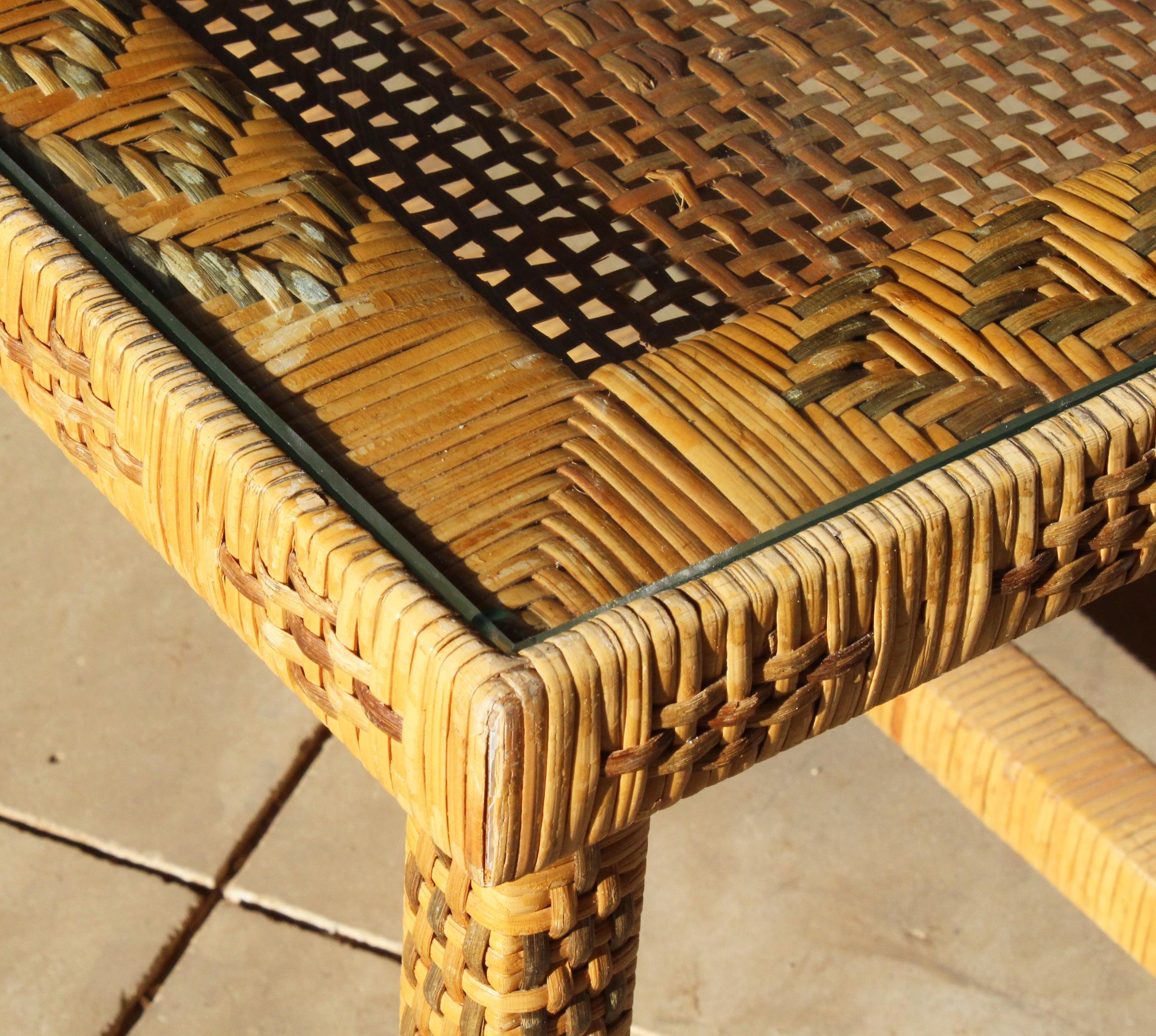 1970s Spanish Woven Wicker Wooden Coffee Table 6