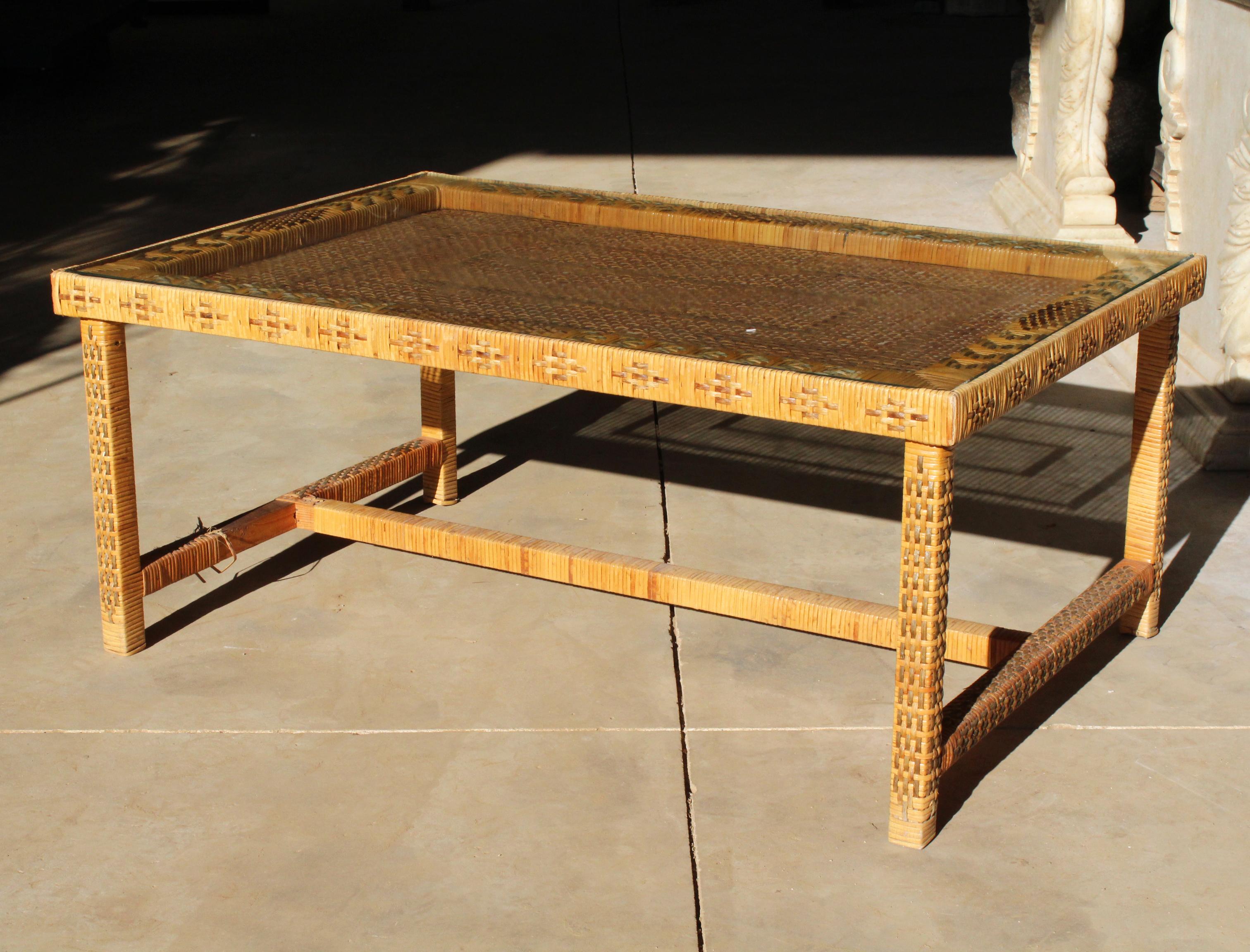 20th Century 1970s Spanish Woven Wicker Wooden Coffee Table