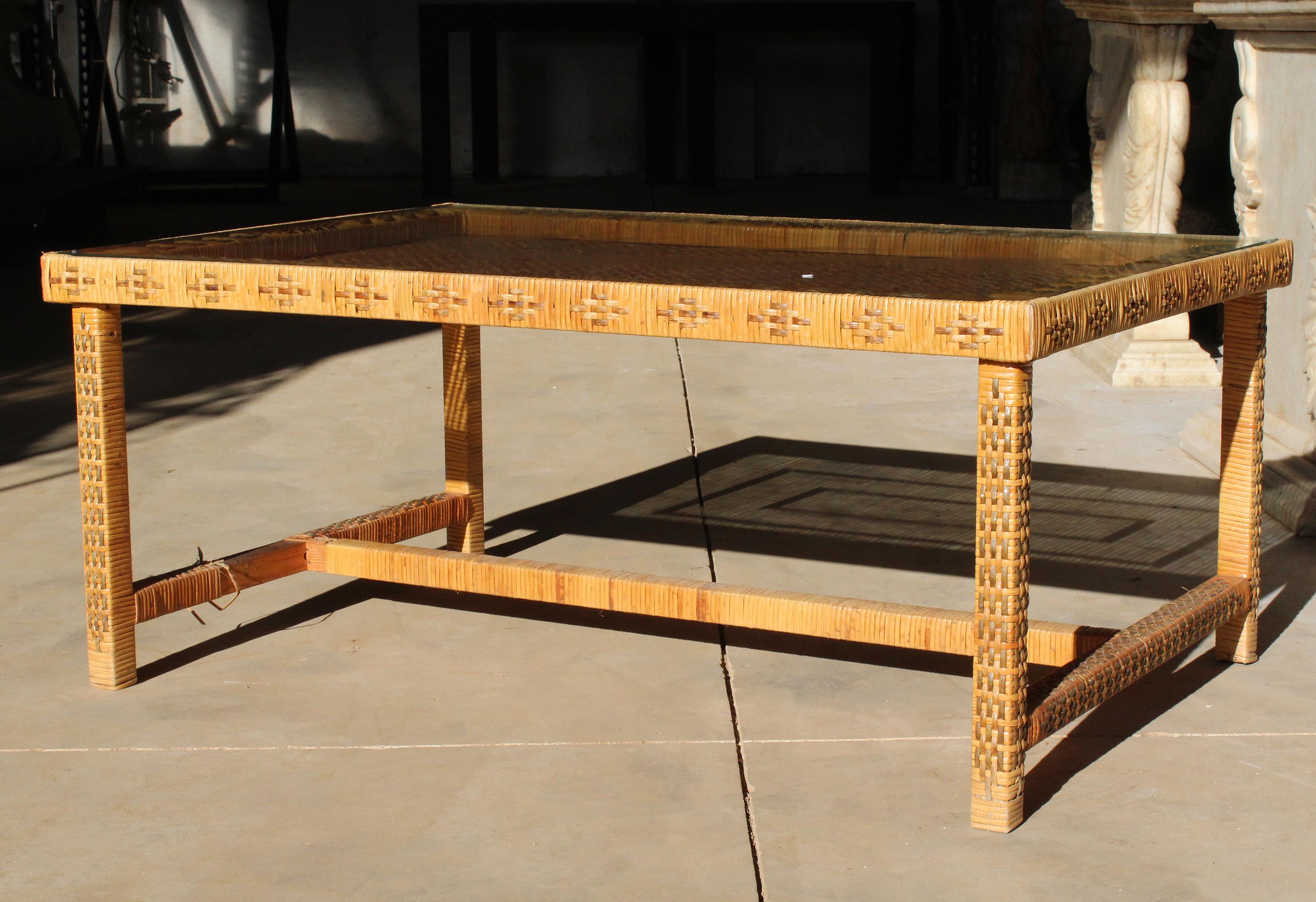 1970s Spanish Woven Wicker Wooden Coffee Table 1