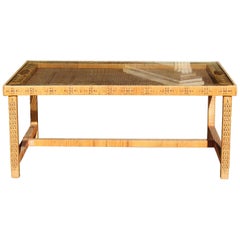 1970s Spanish Woven Wicker Wooden Coffee Table