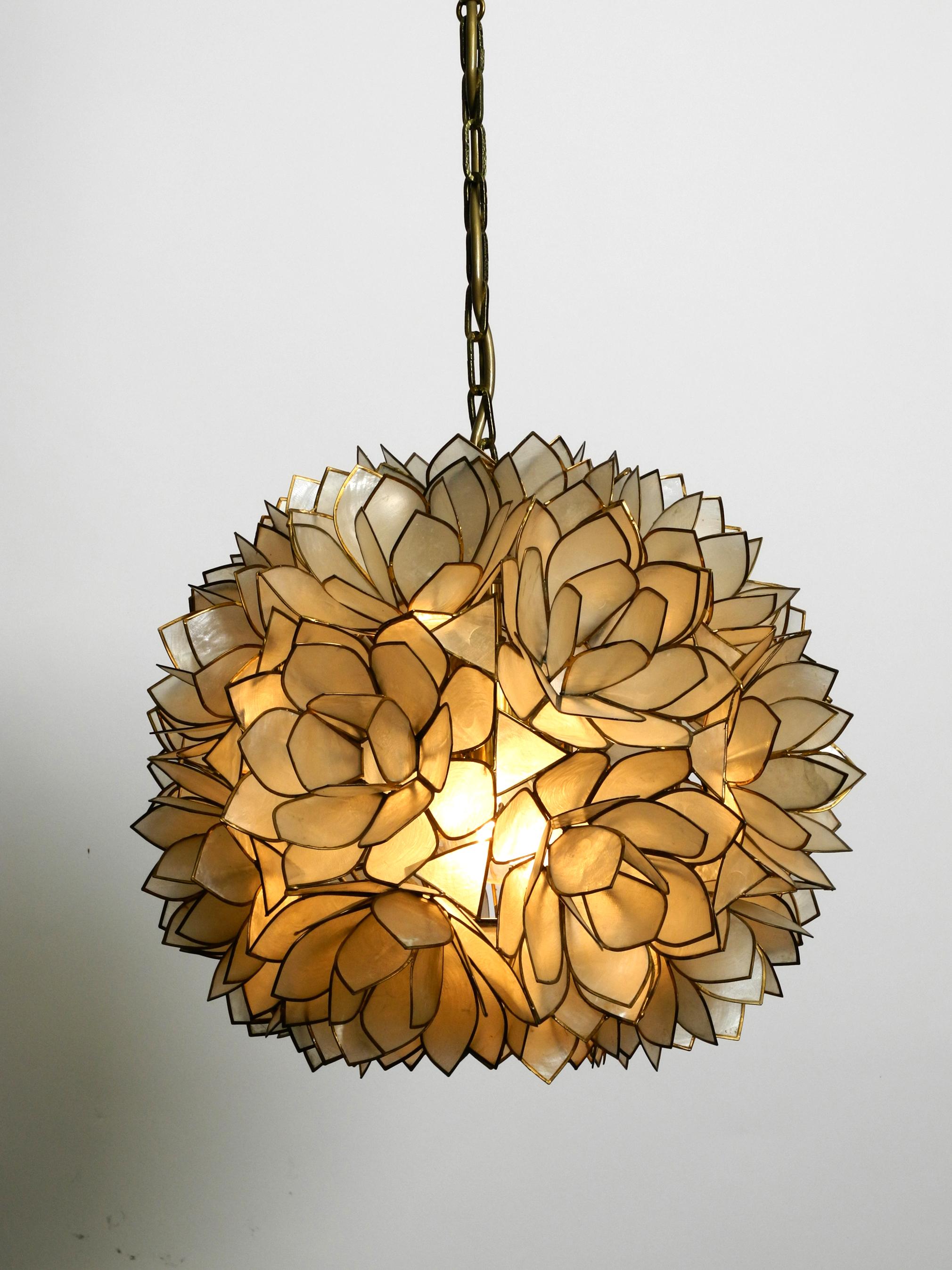 Hollywood Regency 1970s Spherical Pendant Lamp Made of Mother of Pearl in the Look of a Flower