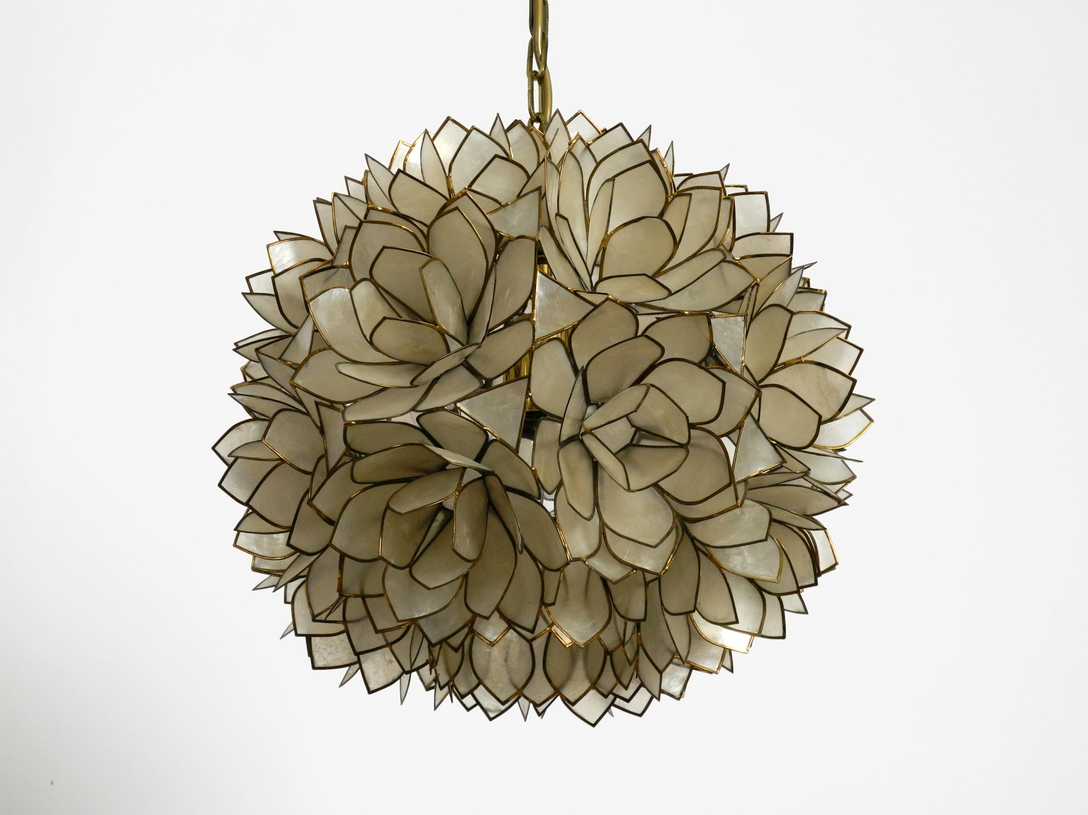 European 1970s Spherical Pendant Lamp Made of Mother of Pearl in the Look of a Flower