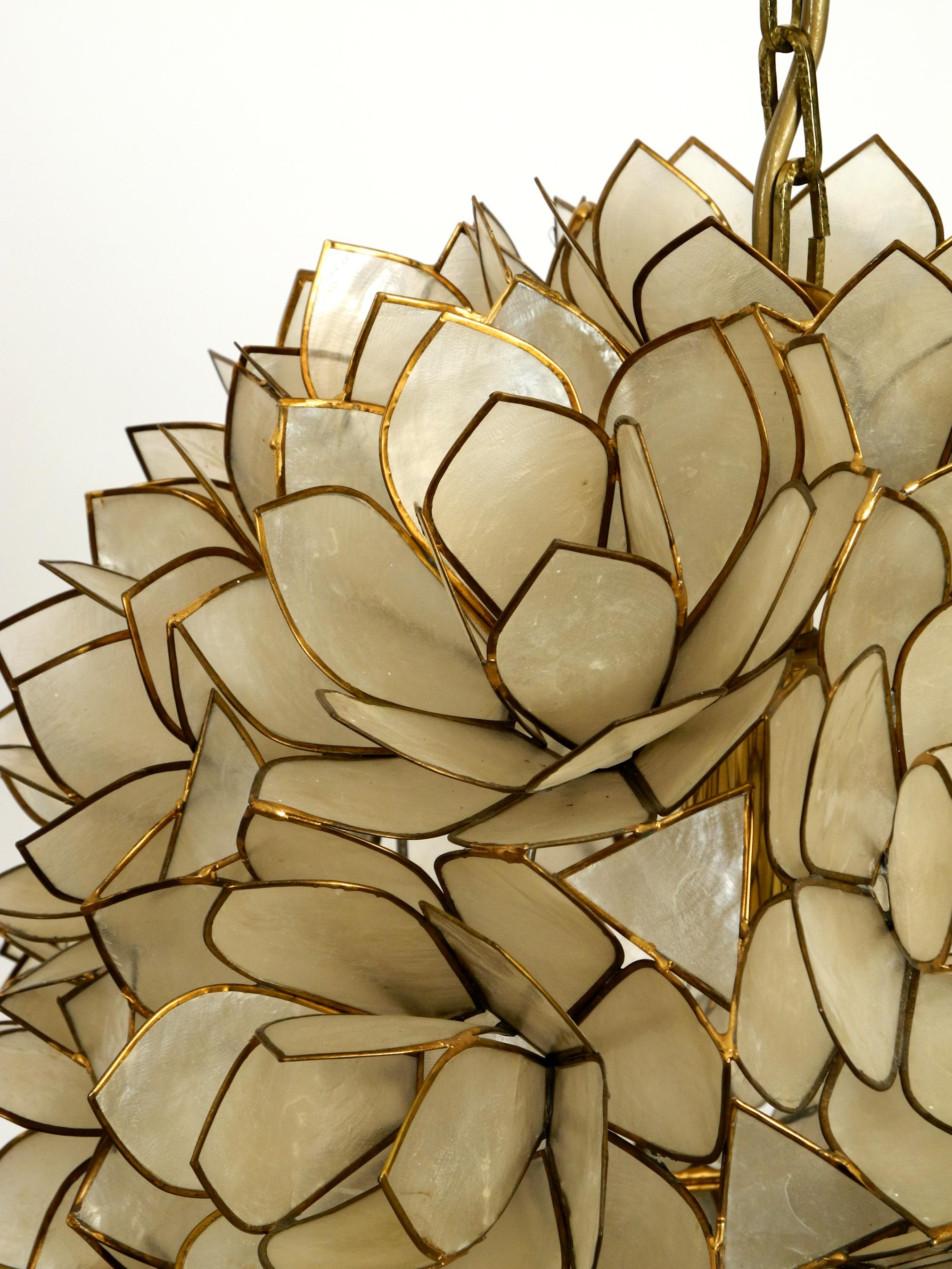 Brass 1970s Spherical Pendant Lamp Made of Mother of Pearl in the Look of a Flower