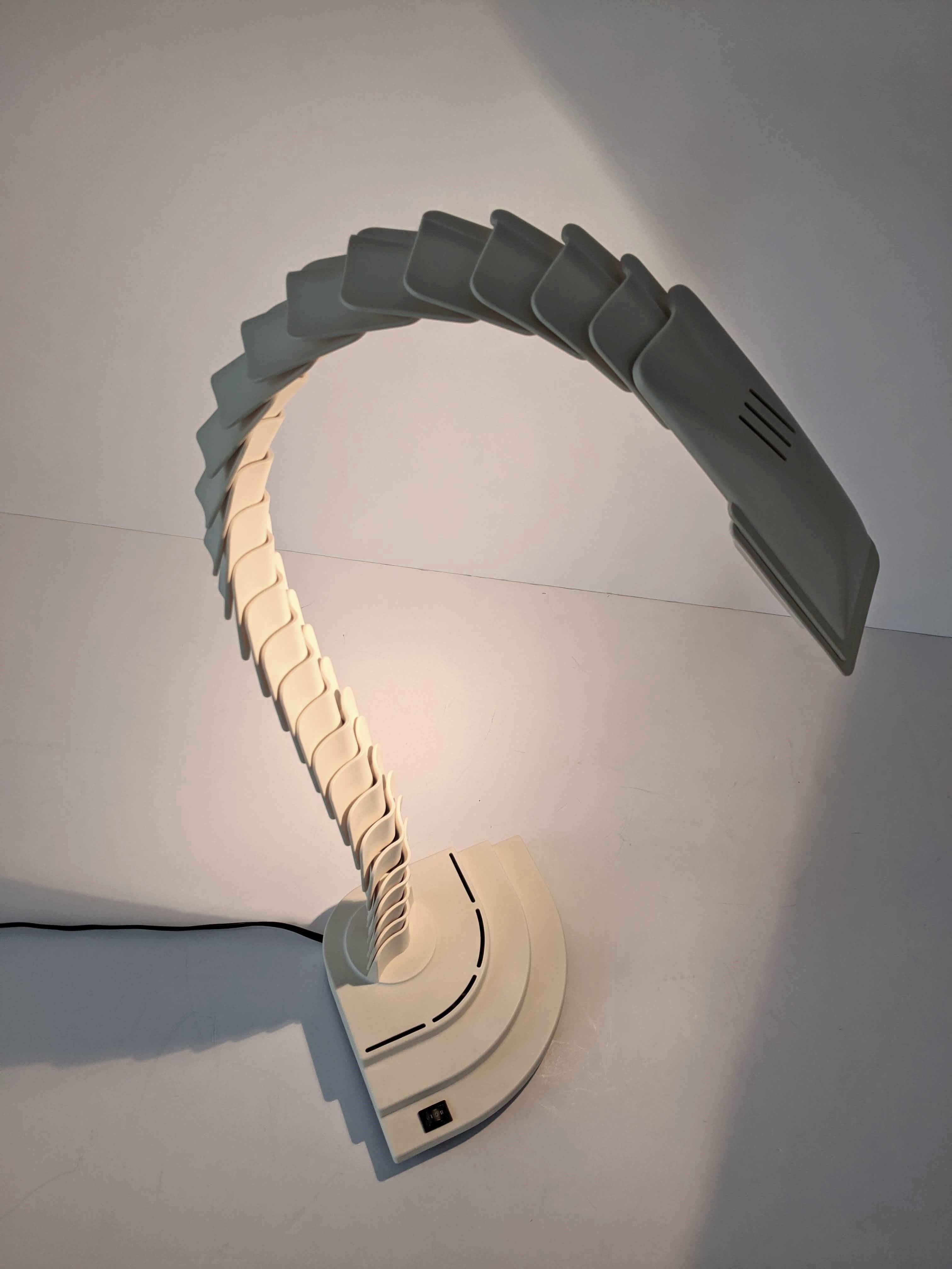 Lampe de table halogène Proteo en forme d'épine dorsale et articulée.

Variously, facile à ajuster dans différentes formes sculpturales.

Construction solide et bien réalisée avec des pièces en PVC et des joints en caoutchouc.

Mesure : 21 in.
