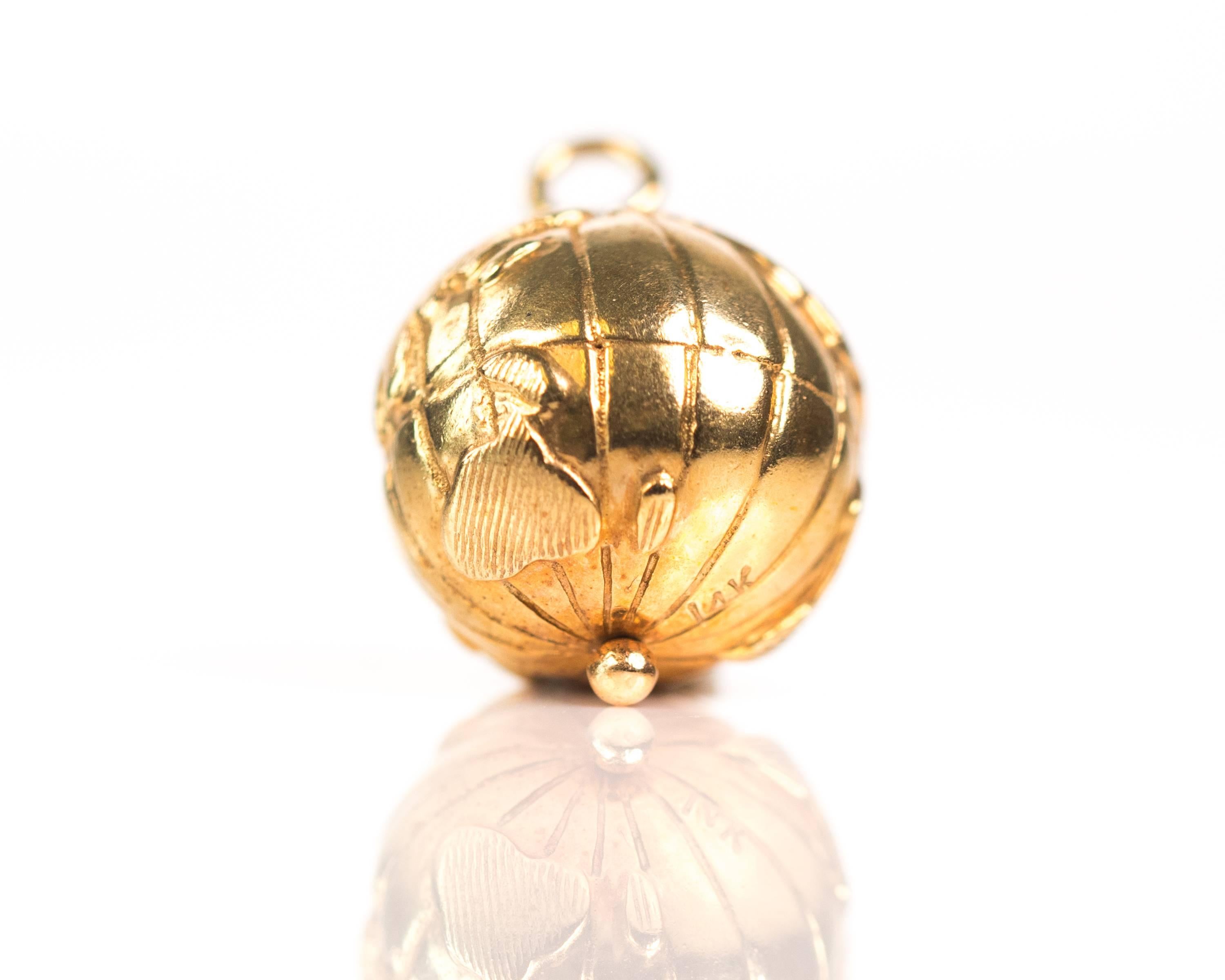 Modern 1970s Spinning Globe Charm Pendant, 14 Karat Yellow Gold